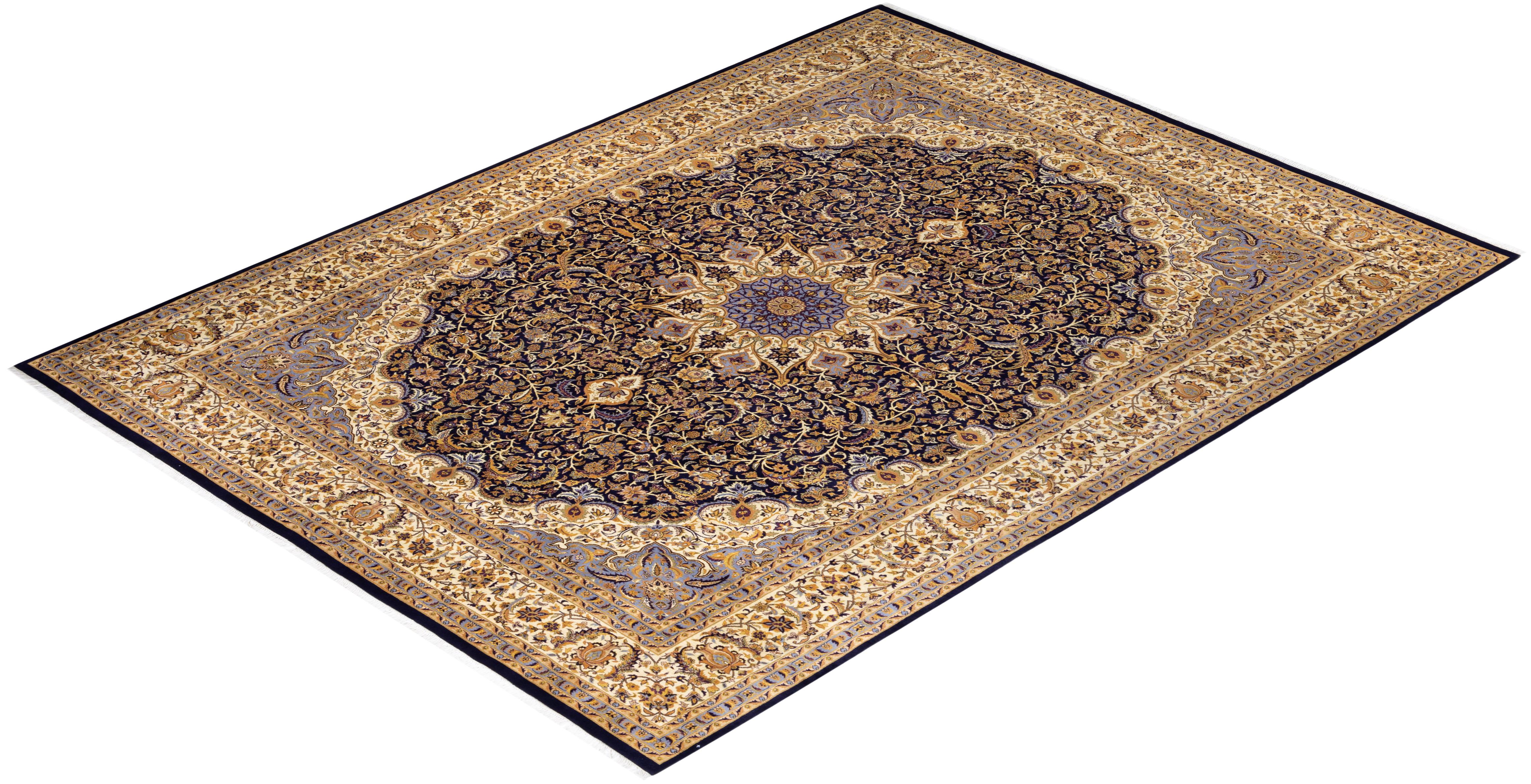 Traditional Mogul Hand Knotted Wool Blue Area Rug For Sale 3