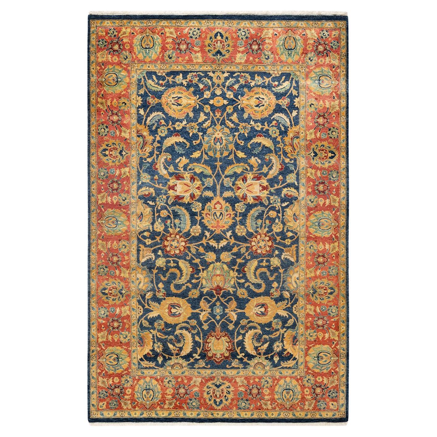 Traditional Mogul Hand Knotted Wool Blue Area Rug For Sale