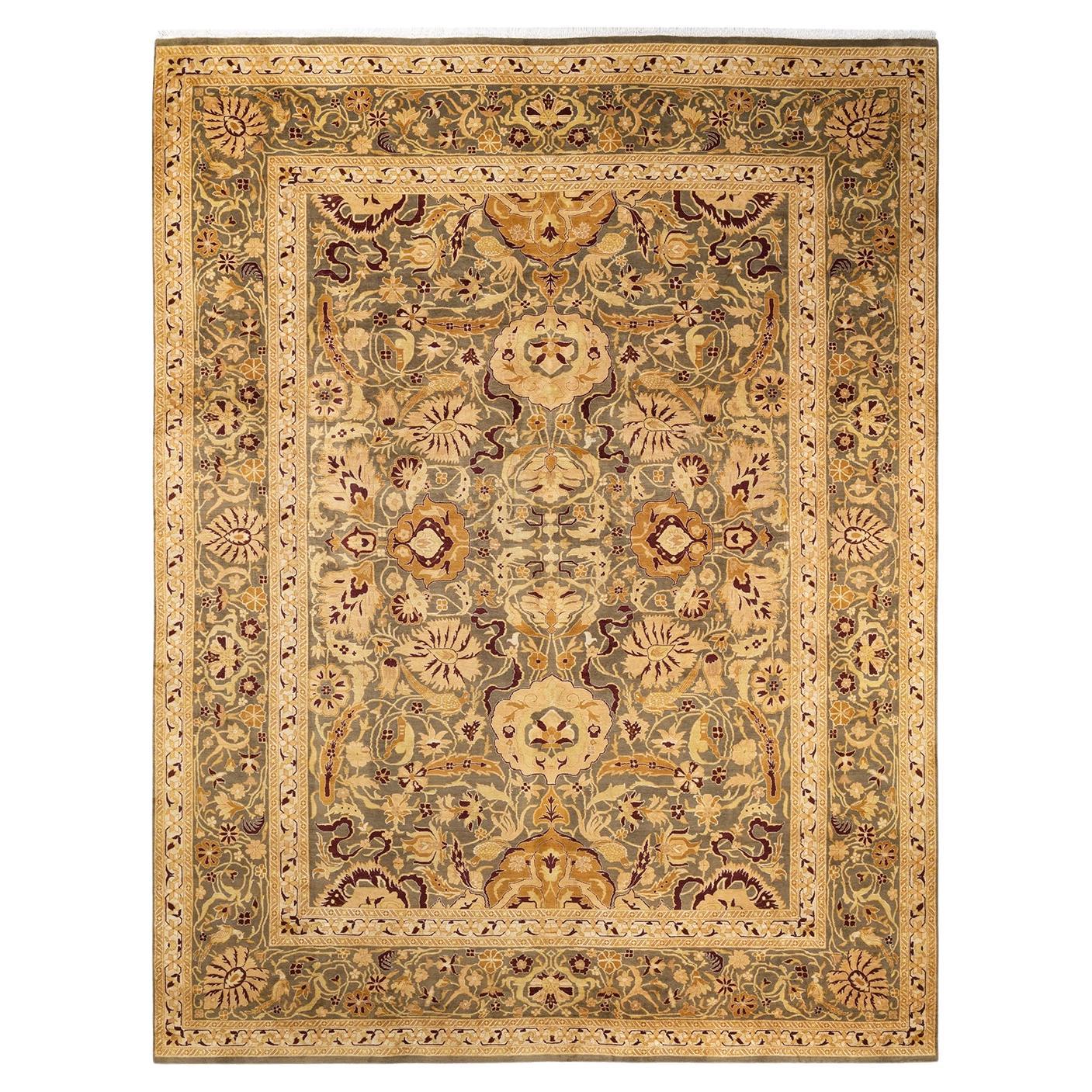 Traditional Mogul Hand Knotted Wool Brown Area Rug For Sale