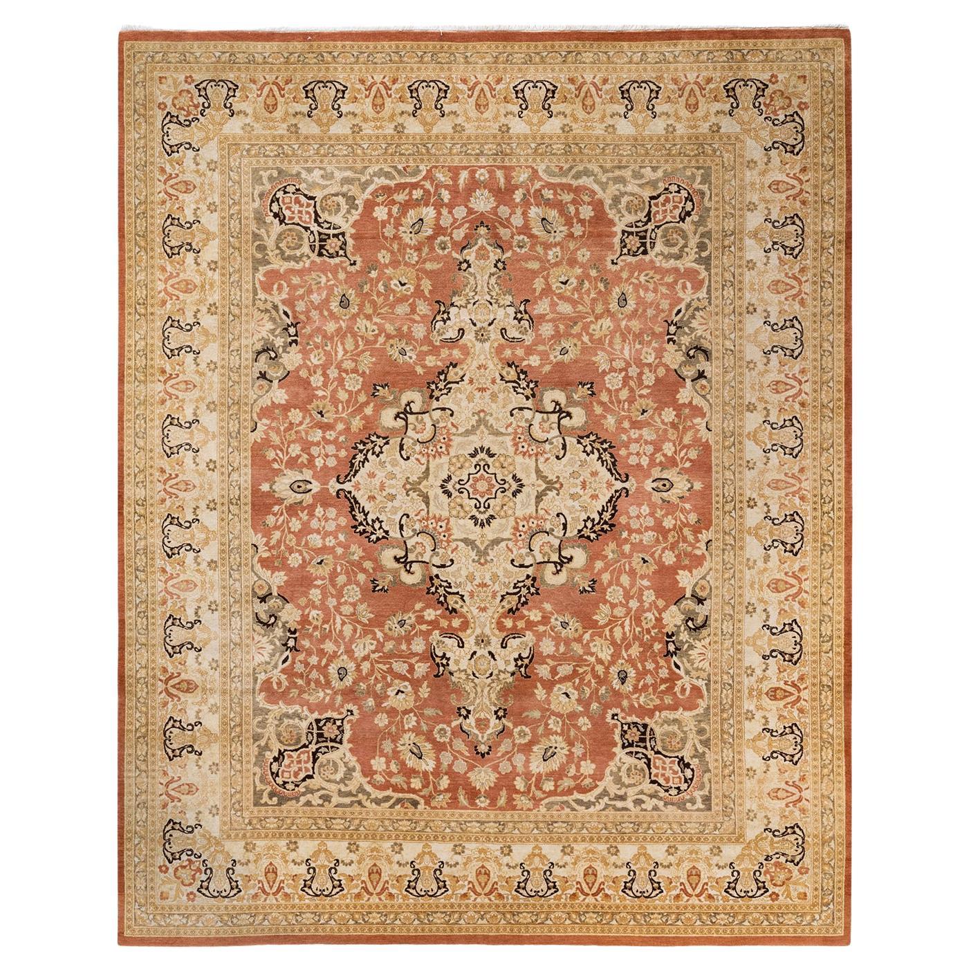 Traditional Mogul Hand Knotted Wool Brown Area Rug  For Sale