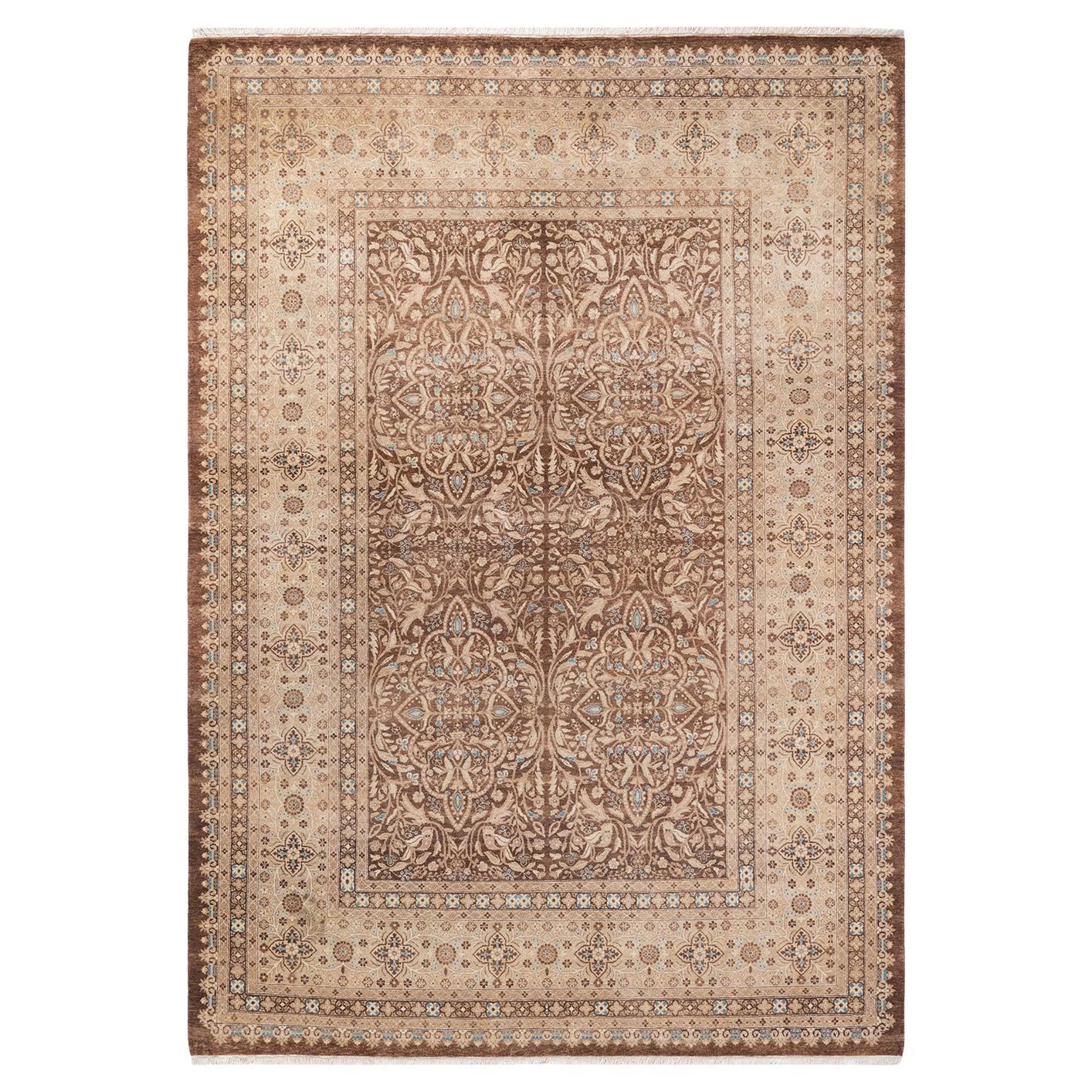 Traditional Mogul Hand Knotted Wool Brown Area Rug  For Sale