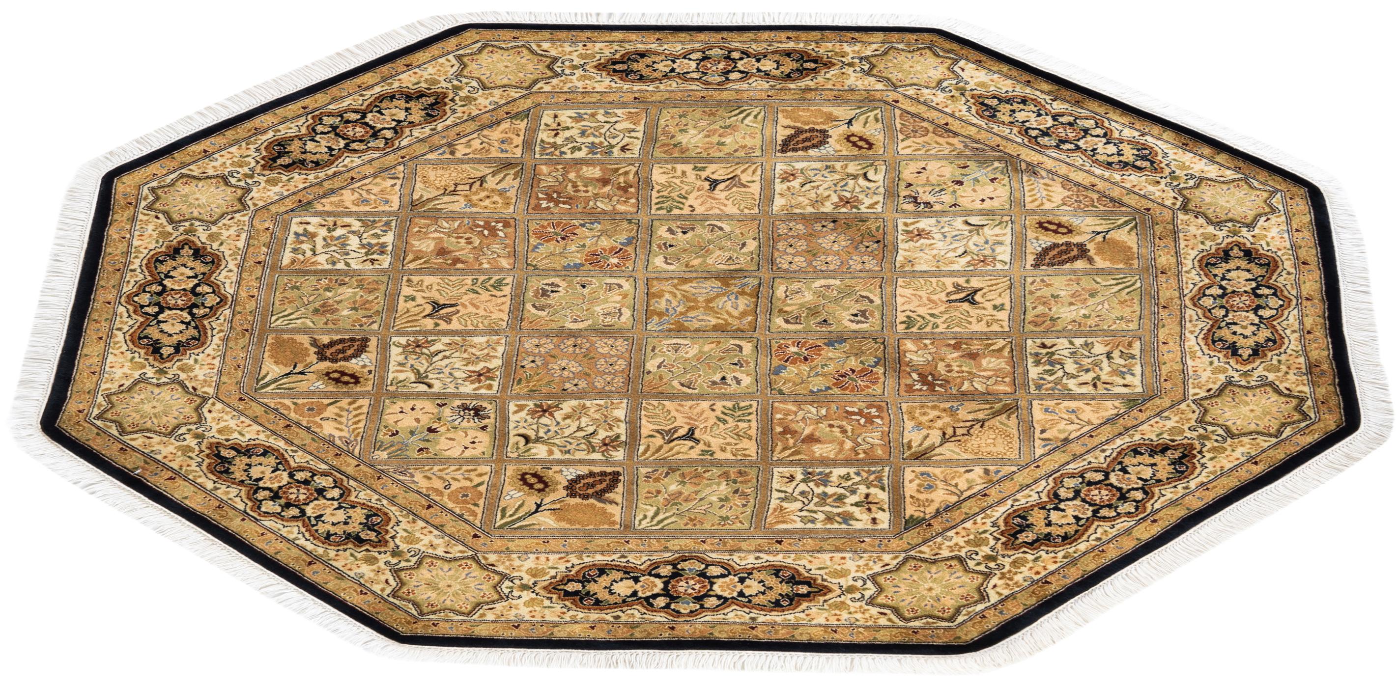 Traditional Mogul Hand Knotted Wool Brown Octagon Area Rug For Sale 3