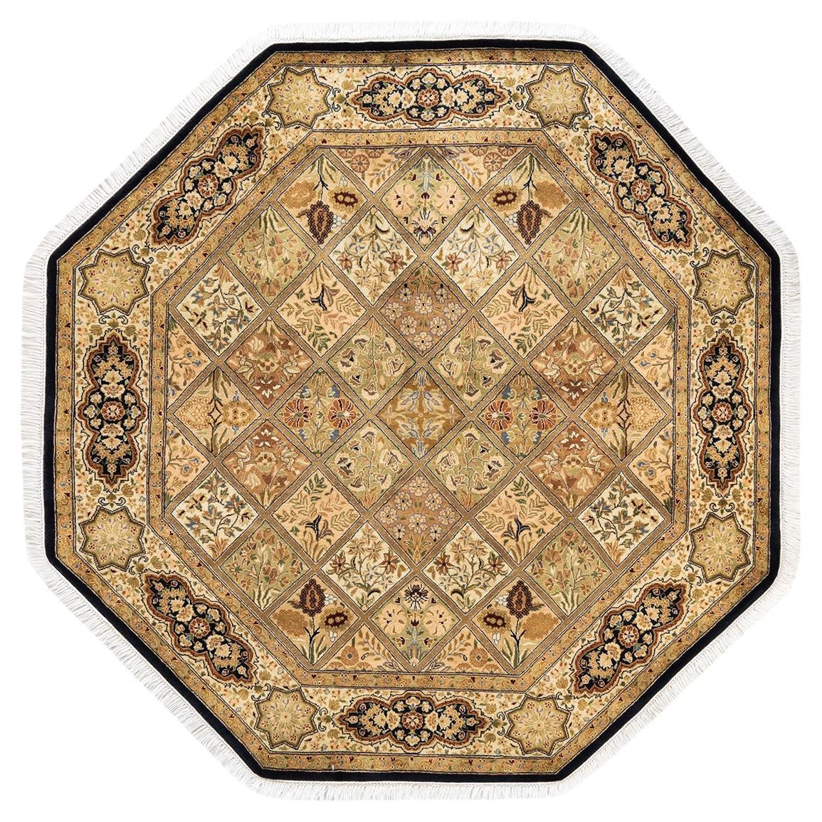 Traditional Mogul Hand Knotted Wool Brown Octagon Area Rug For Sale