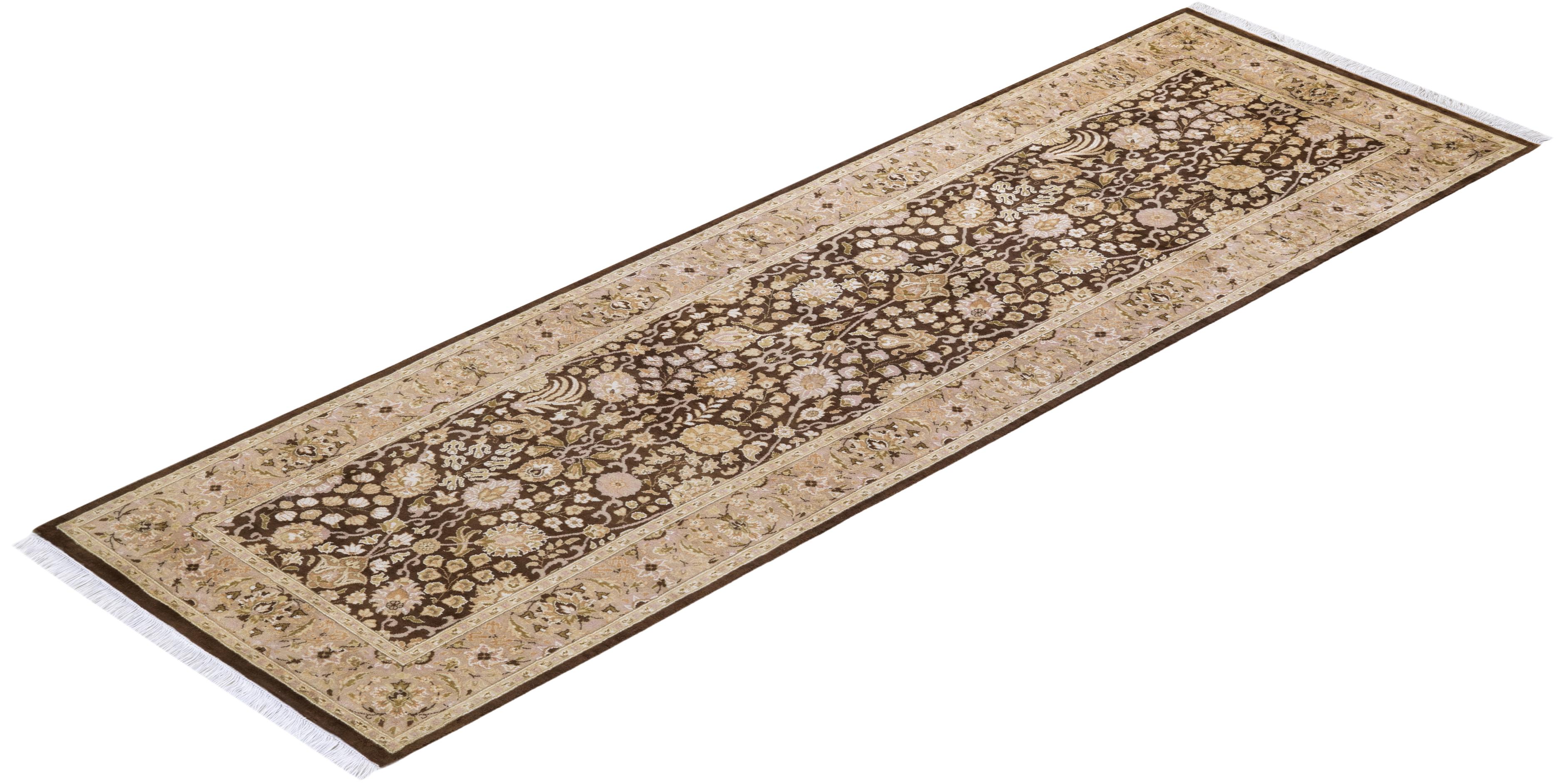 Traditional Mogul Hand Knotted Wool Brown Runner For Sale 3
