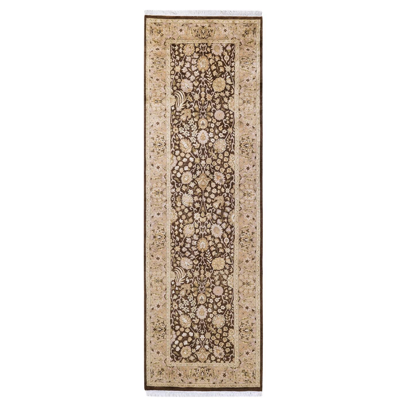 Traditional Mogul Hand Knotted Wool Brown Runner For Sale