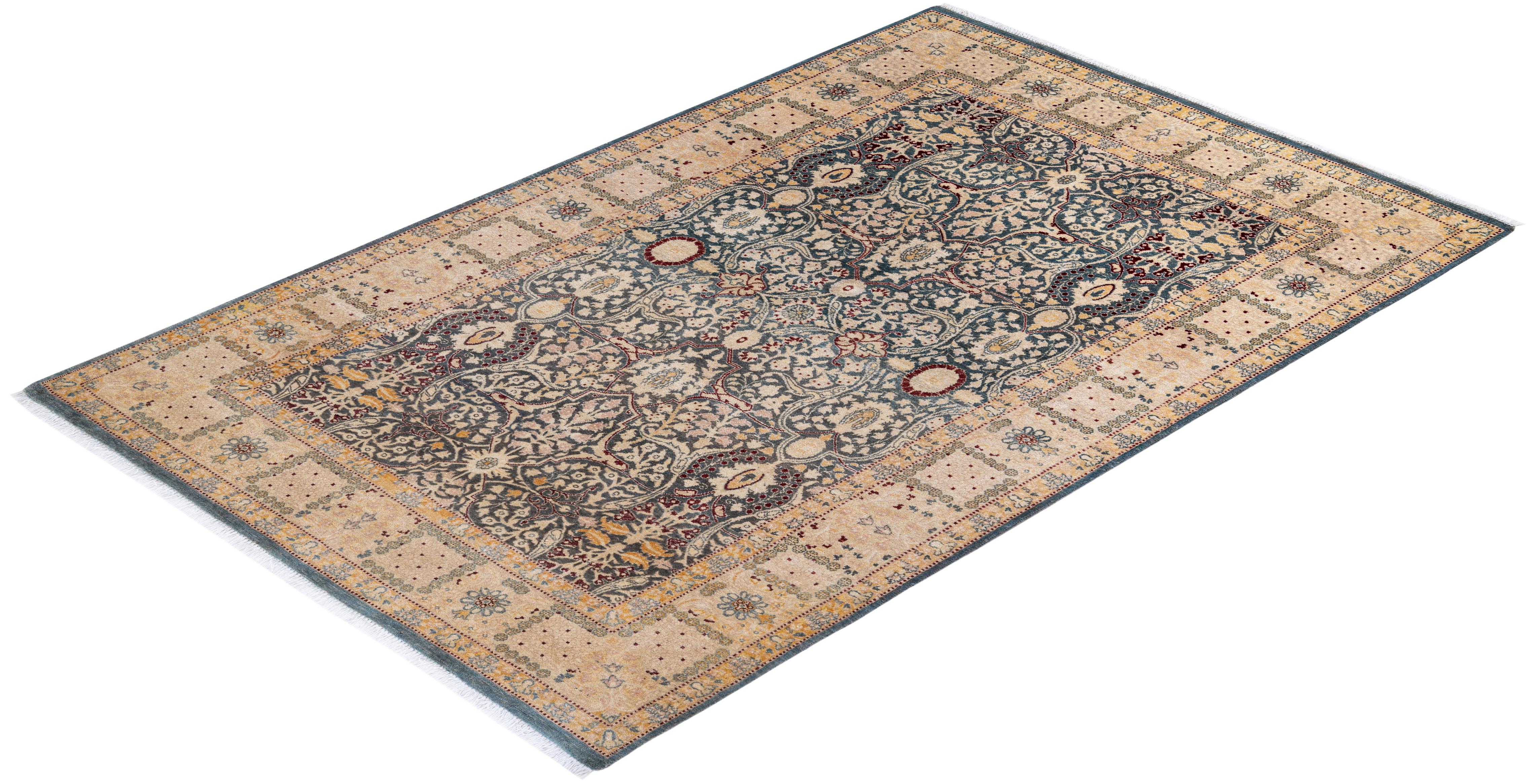 Tapis traditionnel Mogul noué à la main en laine grise en vente 2