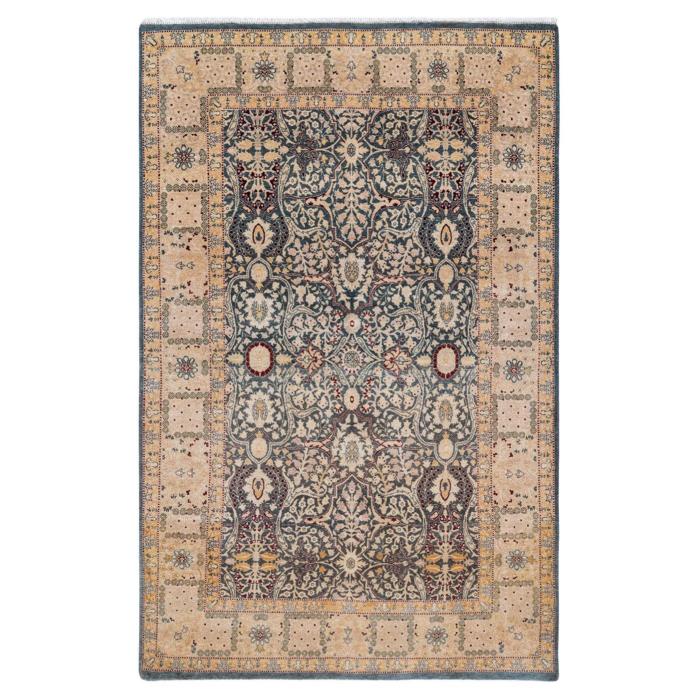 Traditional Mogul Hand Knotted Wool Gray Area Rug For Sale