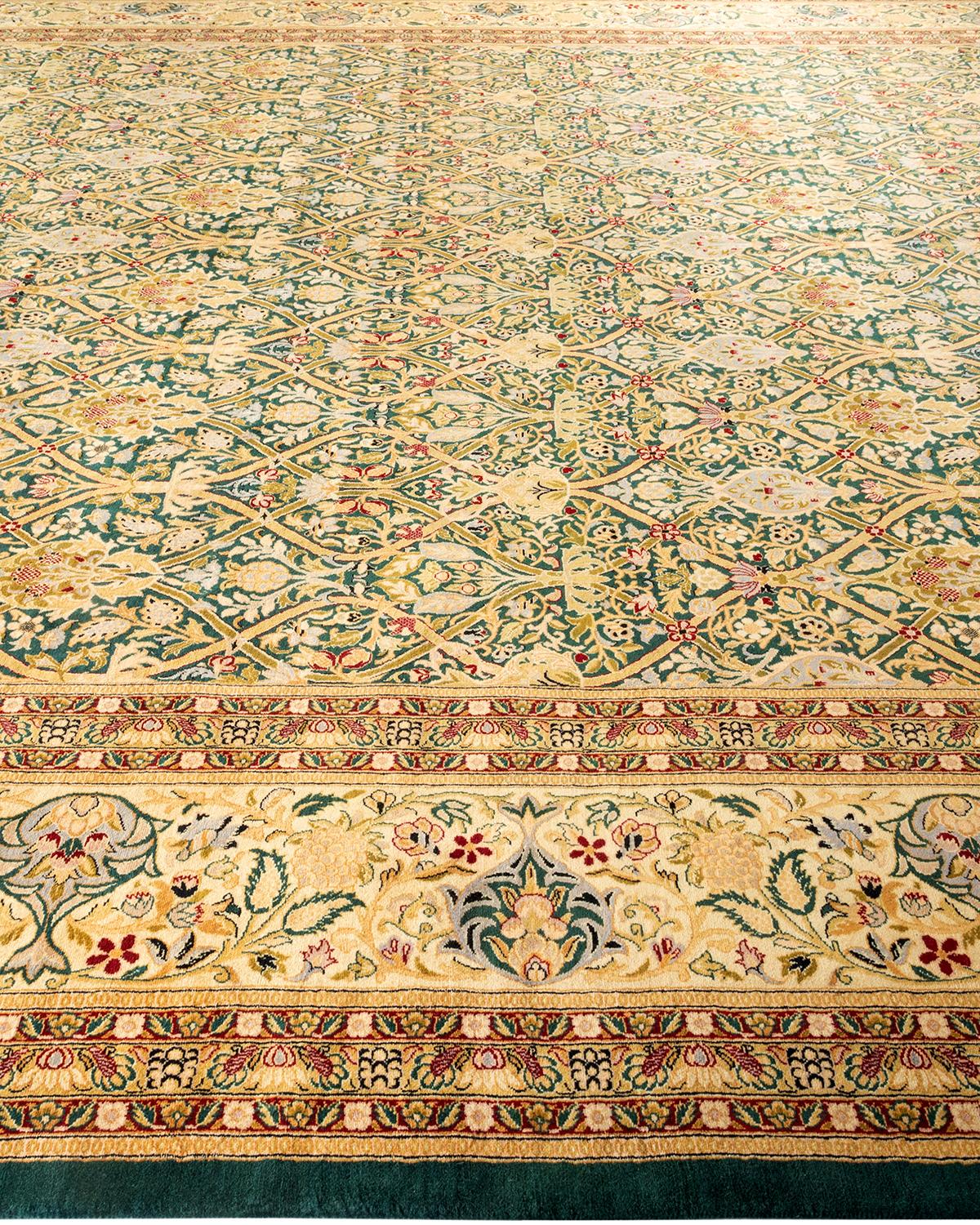 Traditional Mogul Hand Knotted Wool Green Area Rug In New Condition For Sale In Norwalk, CT