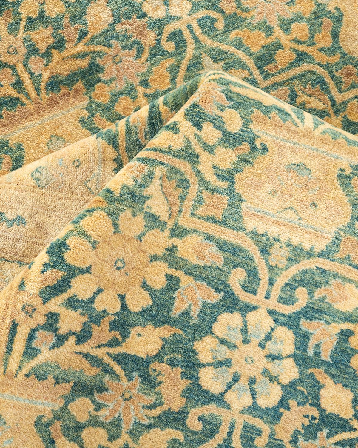 Traditional Mogul Hand Knotted Wool Green Area Rug For Sale 2