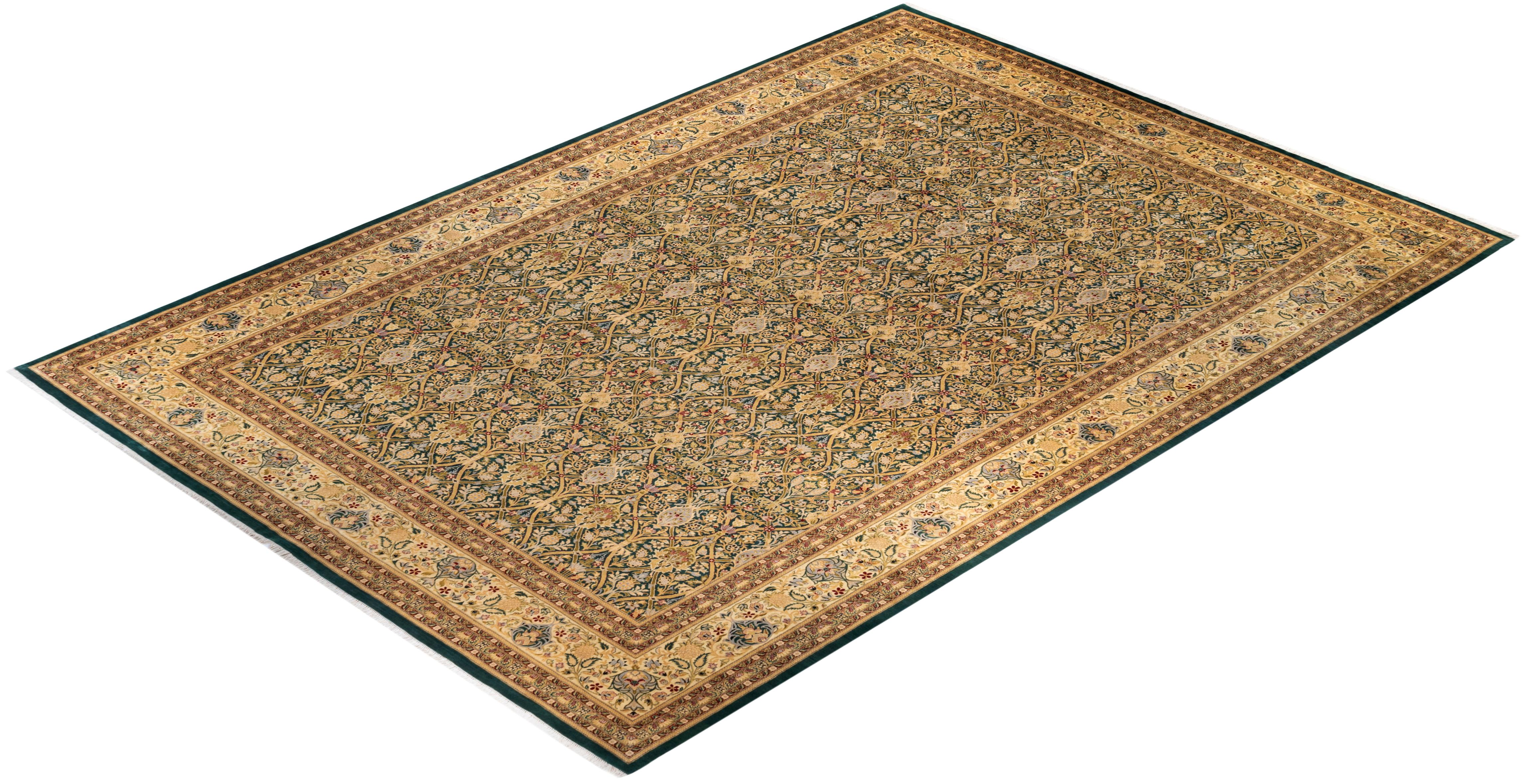 Traditional Mogul Hand Knotted Wool Green Area Rug For Sale 3
