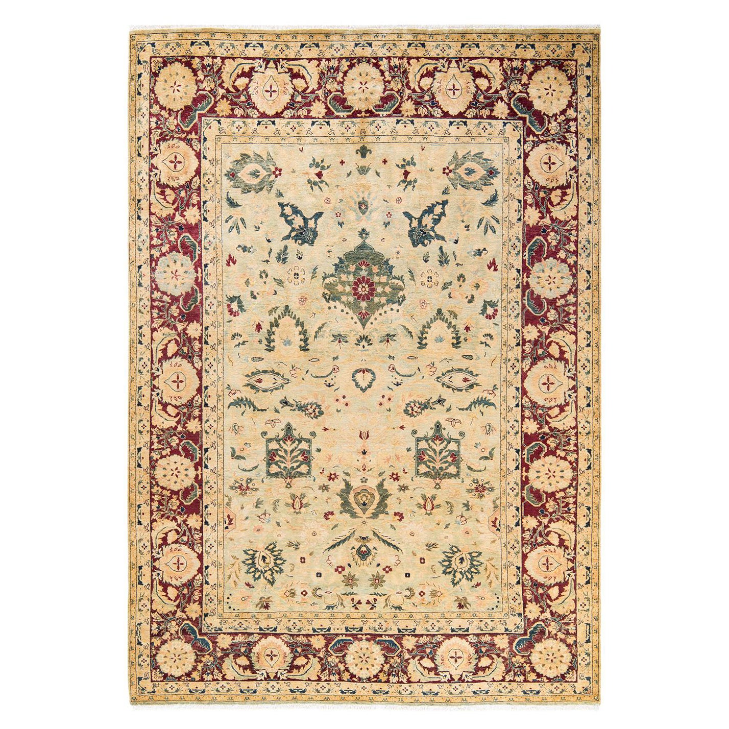 Tapis traditionnel Mogul noué à la main en laine verte