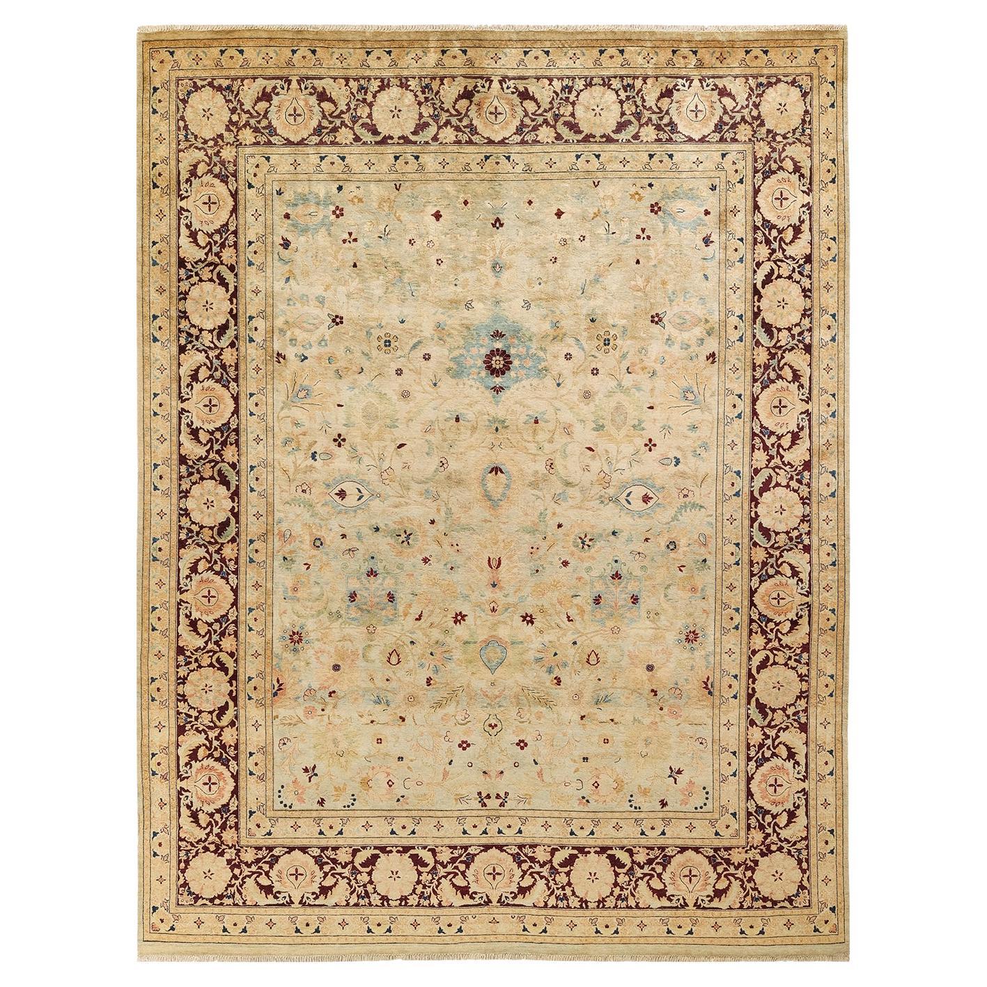 Traditional Mogul Hand Knotted Wool Green Area Rug