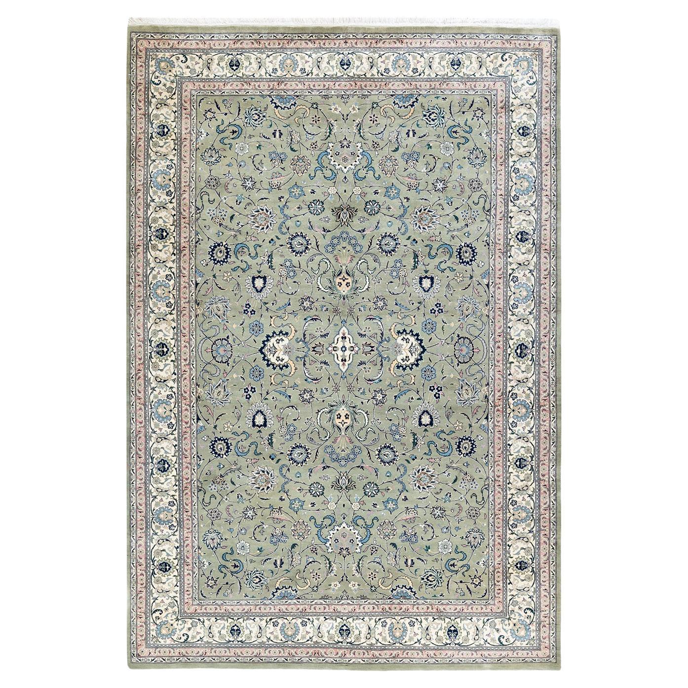Traditional Mogul Hand Knotted Wool Green Area Rug