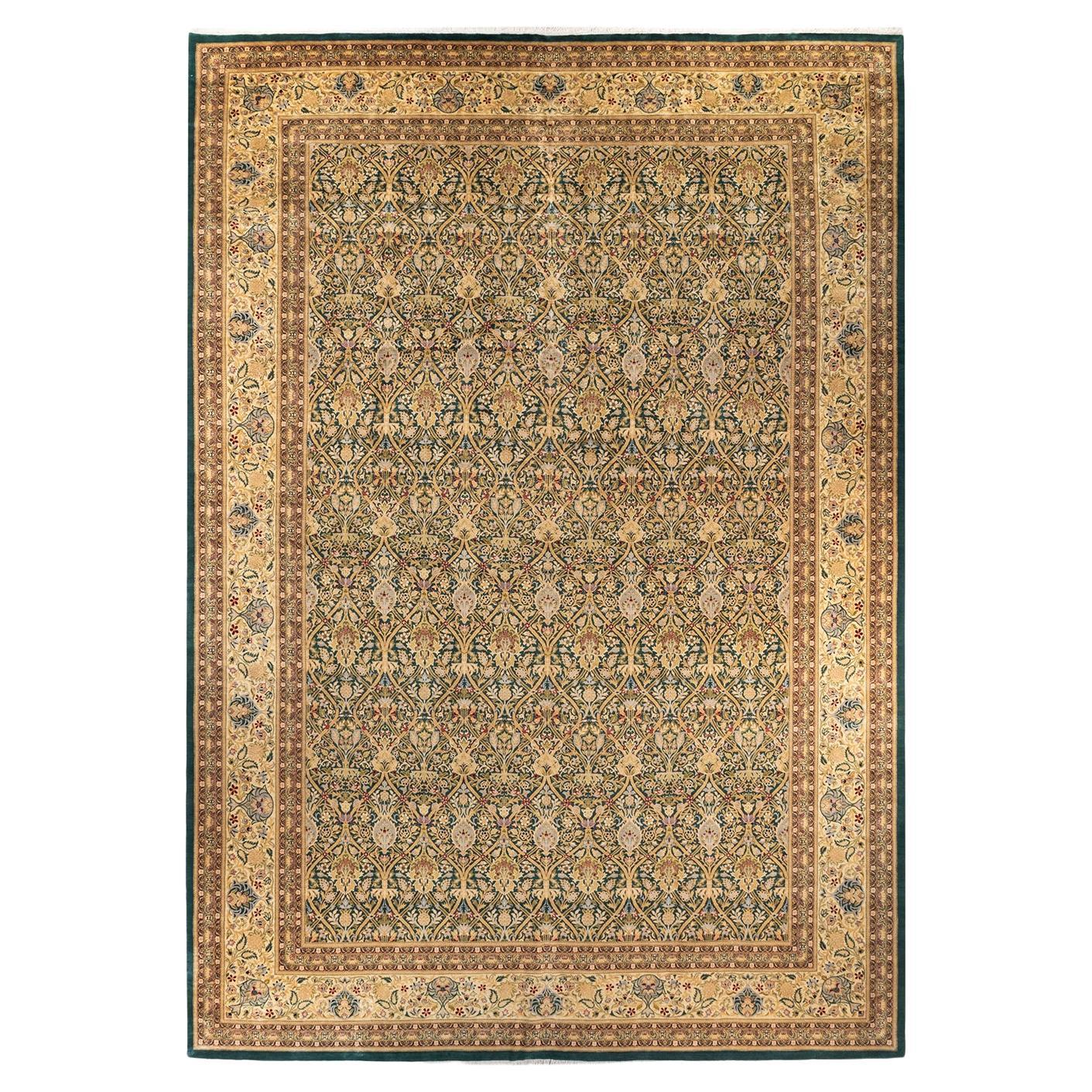 Traditional Mogul Hand Knotted Wool Green Area Rug For Sale