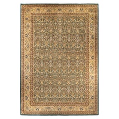 Traditional Mogul Hand Knotted Wool Green Area Rug