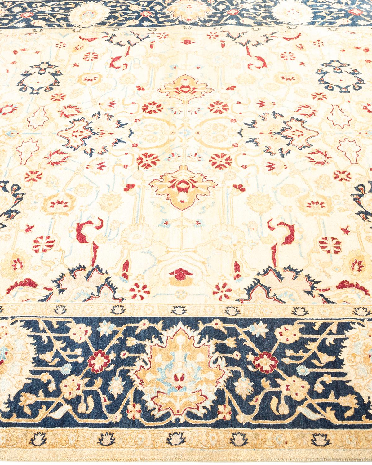 Traditional Mogul Hand Knotted Wool Ivory Area Rug In New Condition For Sale In Norwalk, CT