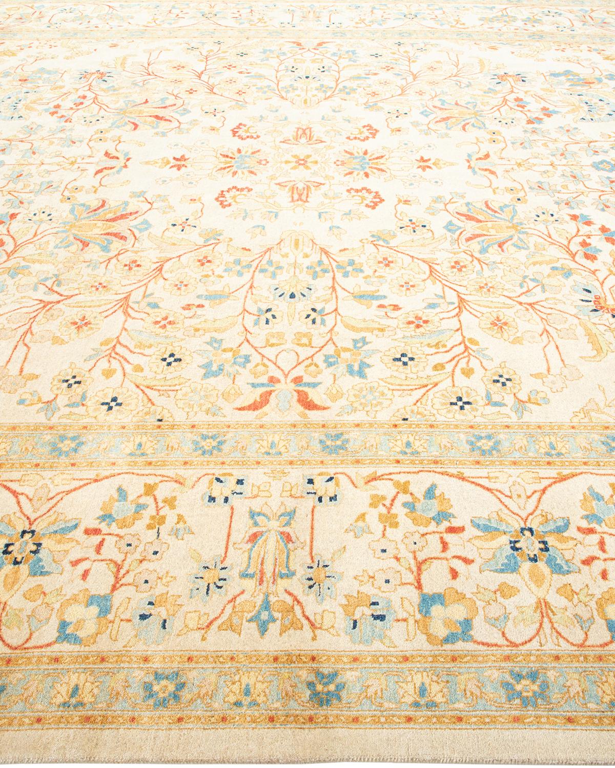 Traditional Mogul Hand Knotted Wool Ivory Area Rug In New Condition For Sale In Norwalk, CT