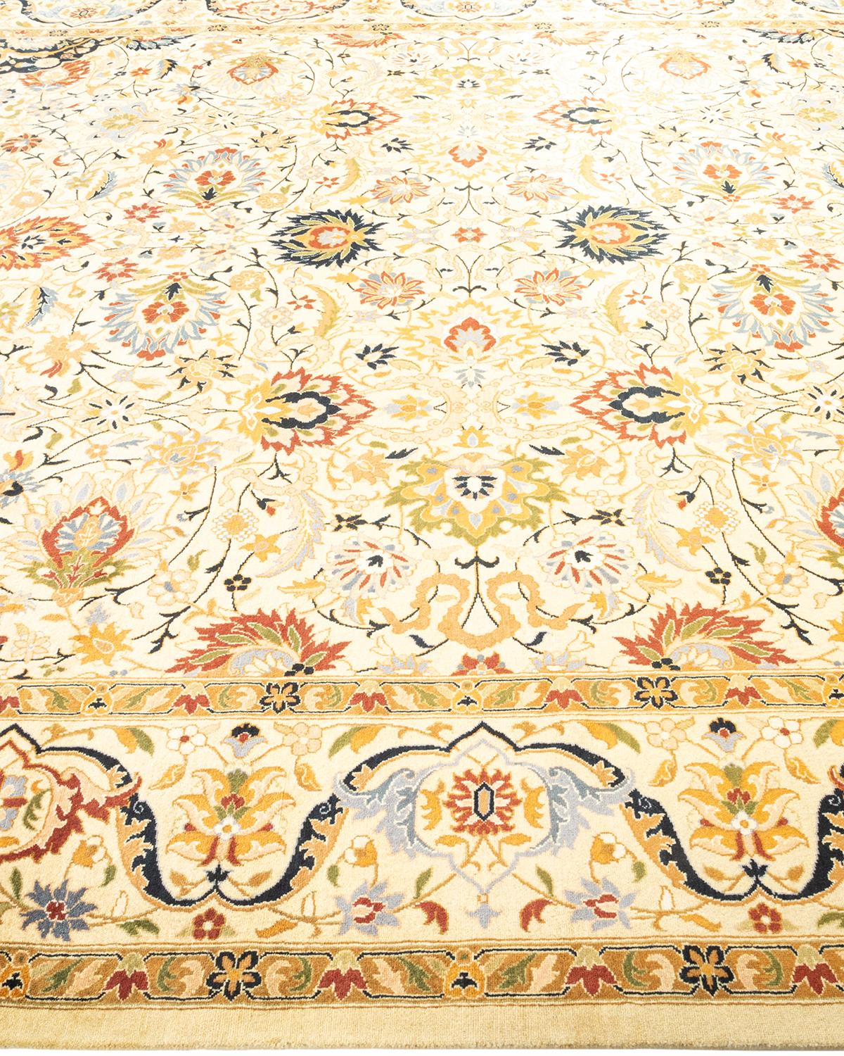 Traditional Mogul Hand Knotted Wool Ivory Area Rug In New Condition For Sale In Norwalk, CT