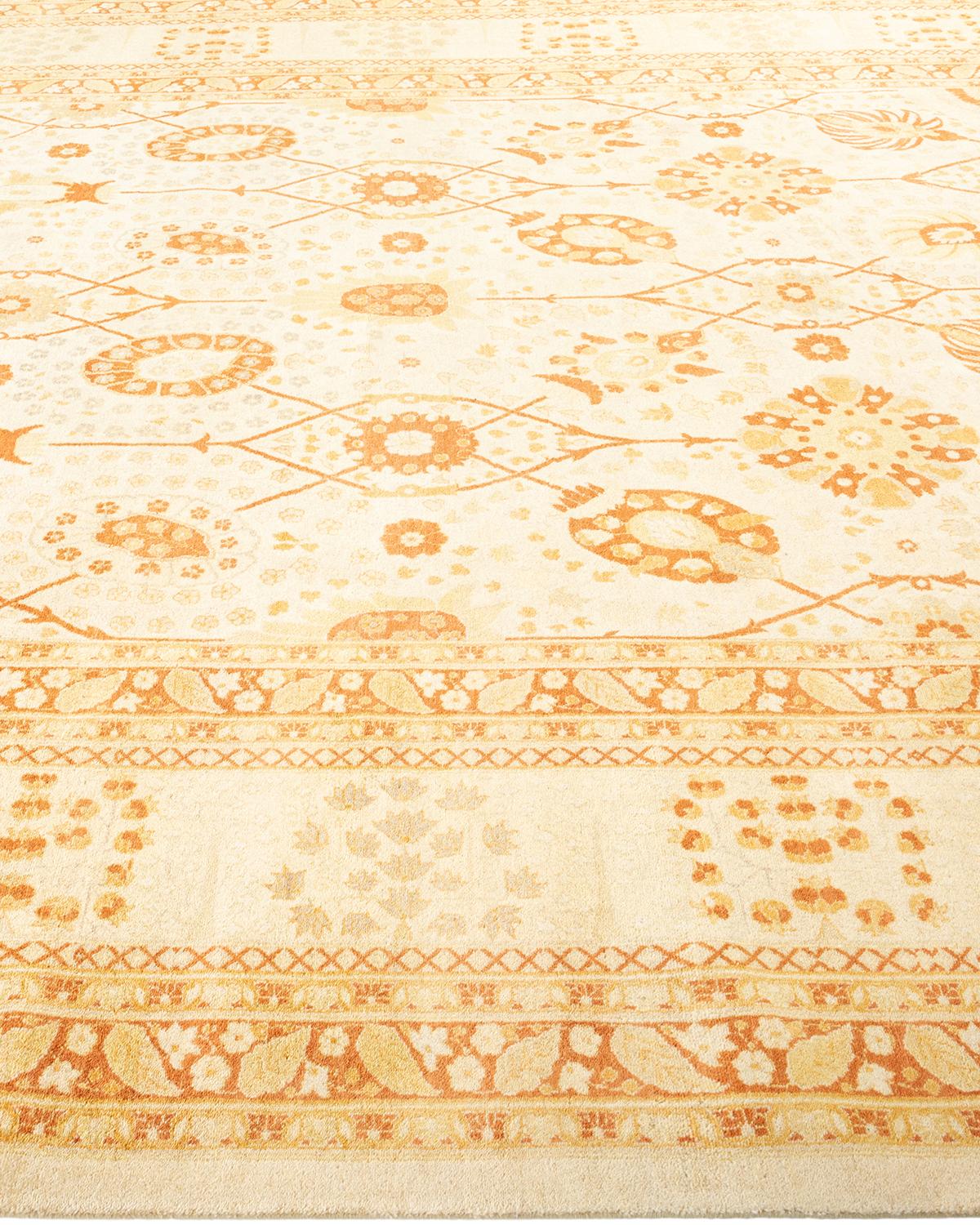 Traditional Mogul Hand Knotted Wool Ivory Area Rug In New Condition For Sale In Norwalk, CT