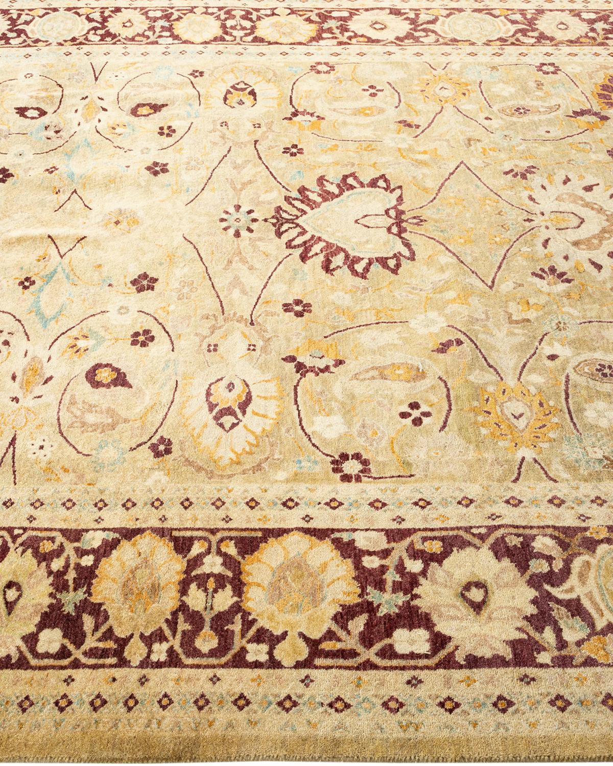 Traditional Mogul Hand Knotted Wool Ivory Area Rug In New Condition For Sale In Norwalk, CT