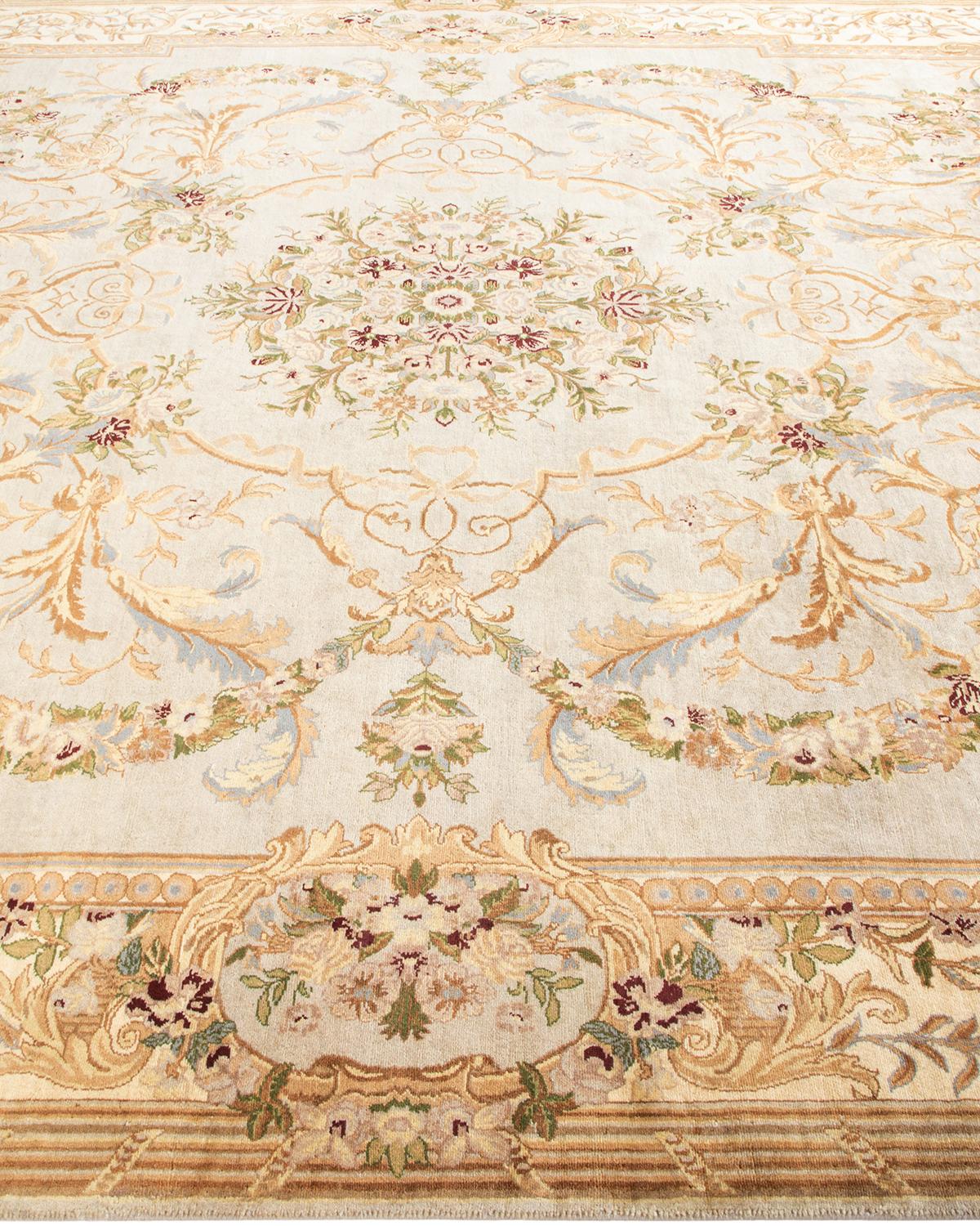 Traditional Mogul Hand Knotted Wool Ivory Area Rug In New Condition For Sale In Norwalk, CT