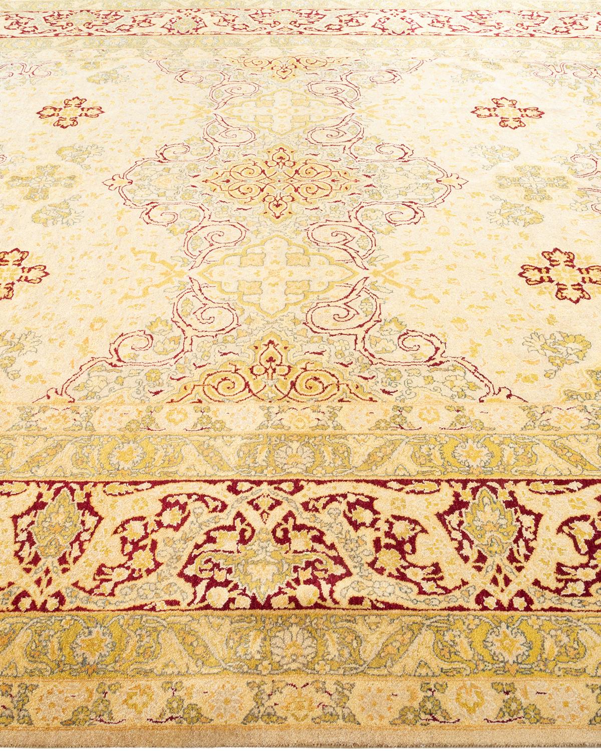 Traditional Mogul Hand Knotted Wool Ivory Area Rug In New Condition For Sale In Norwalk, CT