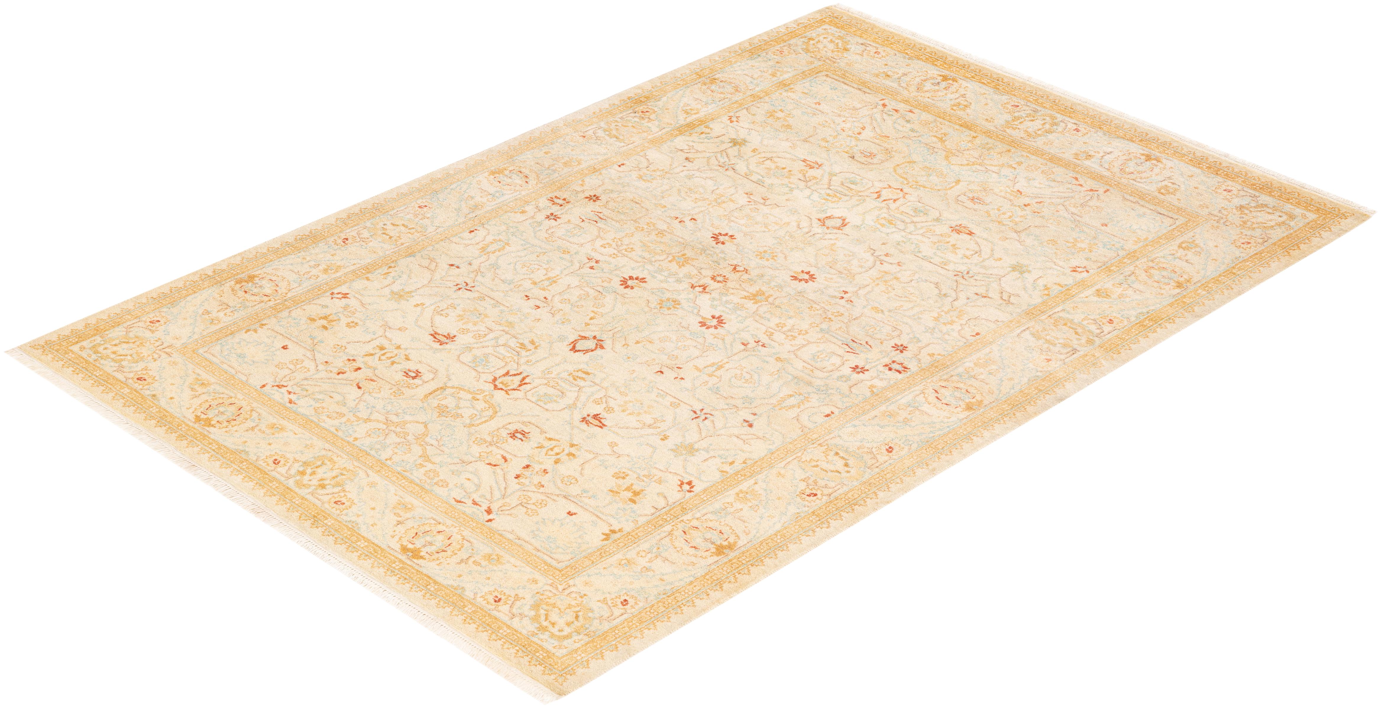 Traditional Mogul Hand Knotted Wool Ivory Area Rug For Sale 3