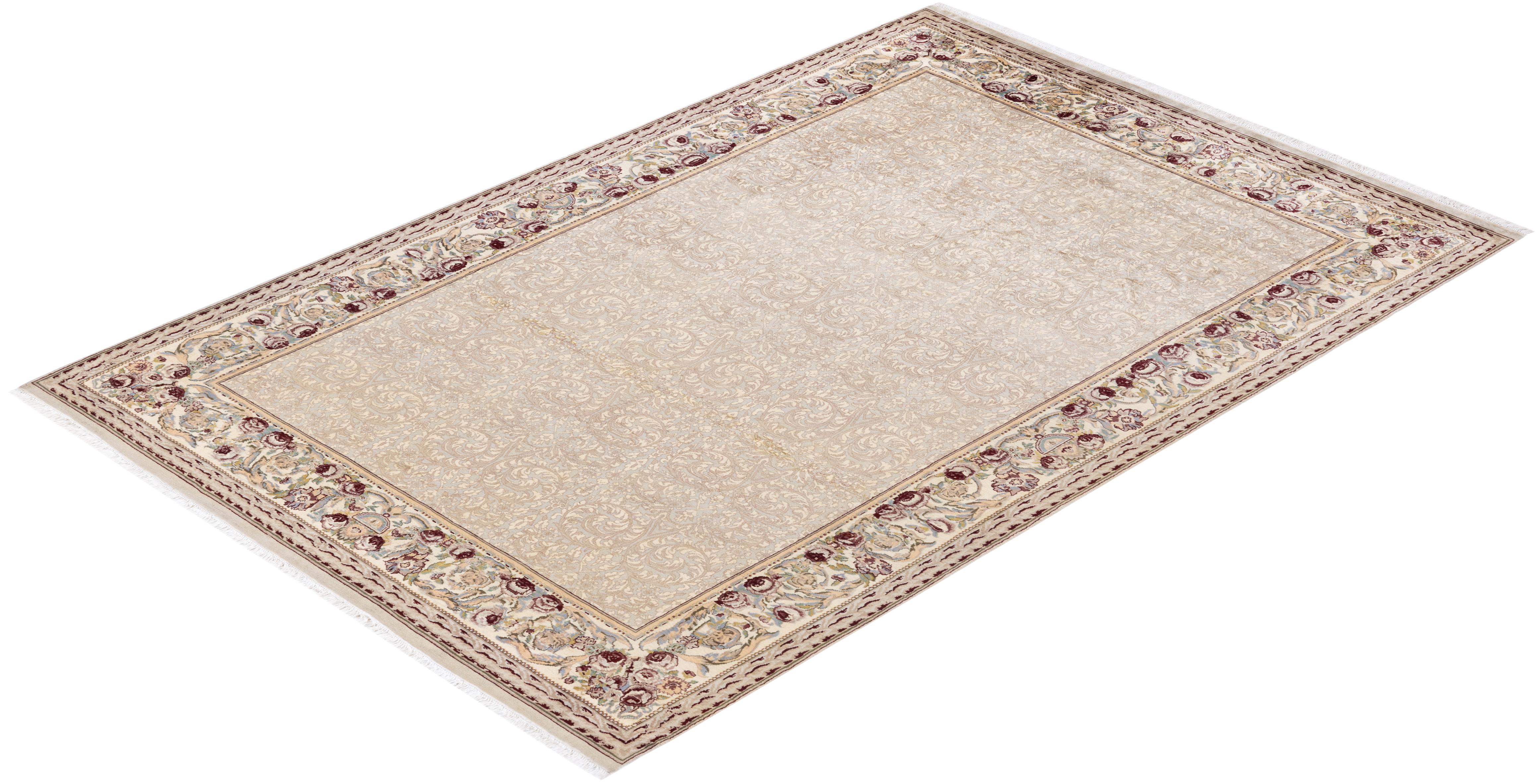 Traditional Mogul Hand Knotted Wool Ivory Area Rug For Sale 3