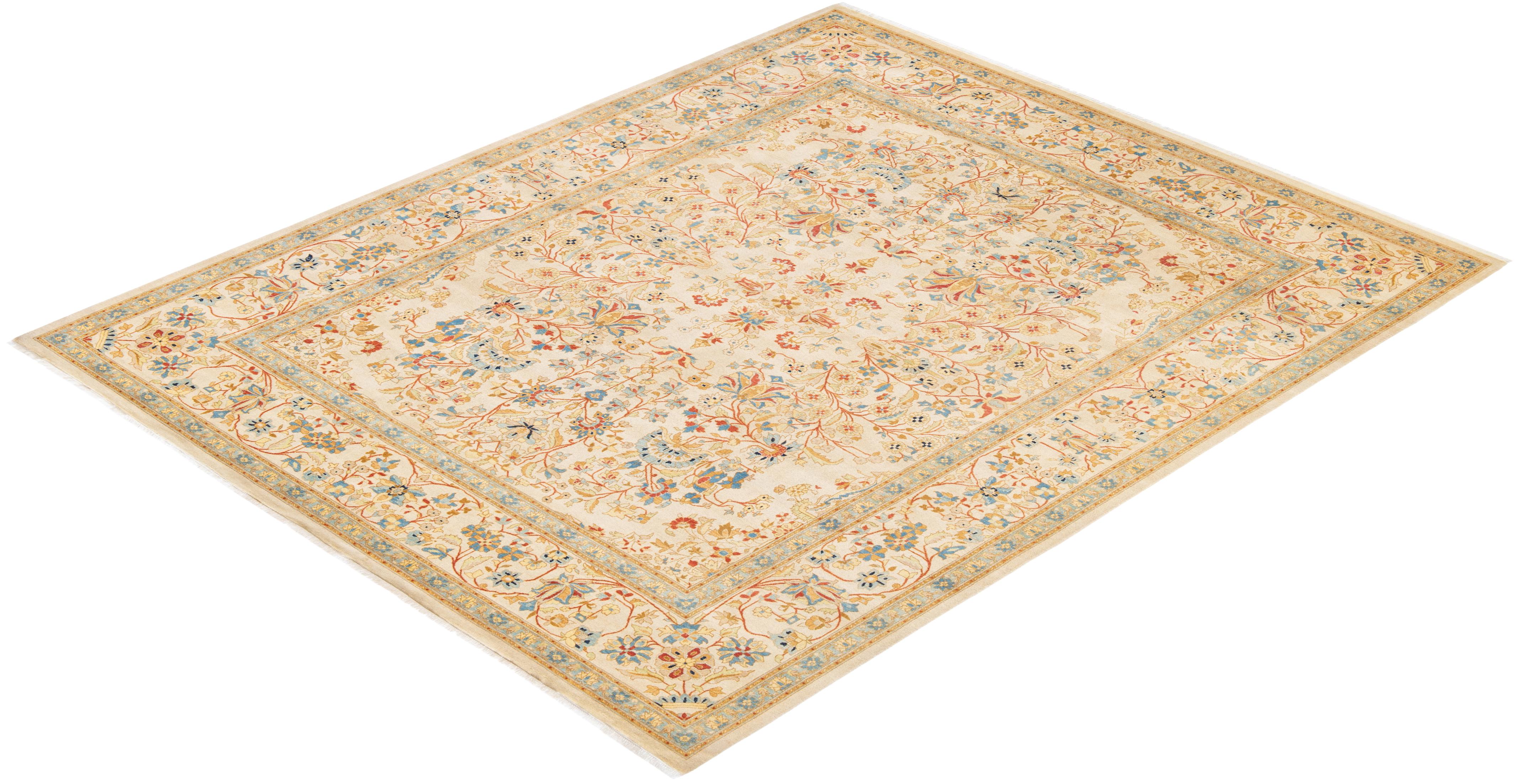 Traditional Mogul Hand Knotted Wool Ivory Area Rug For Sale 3