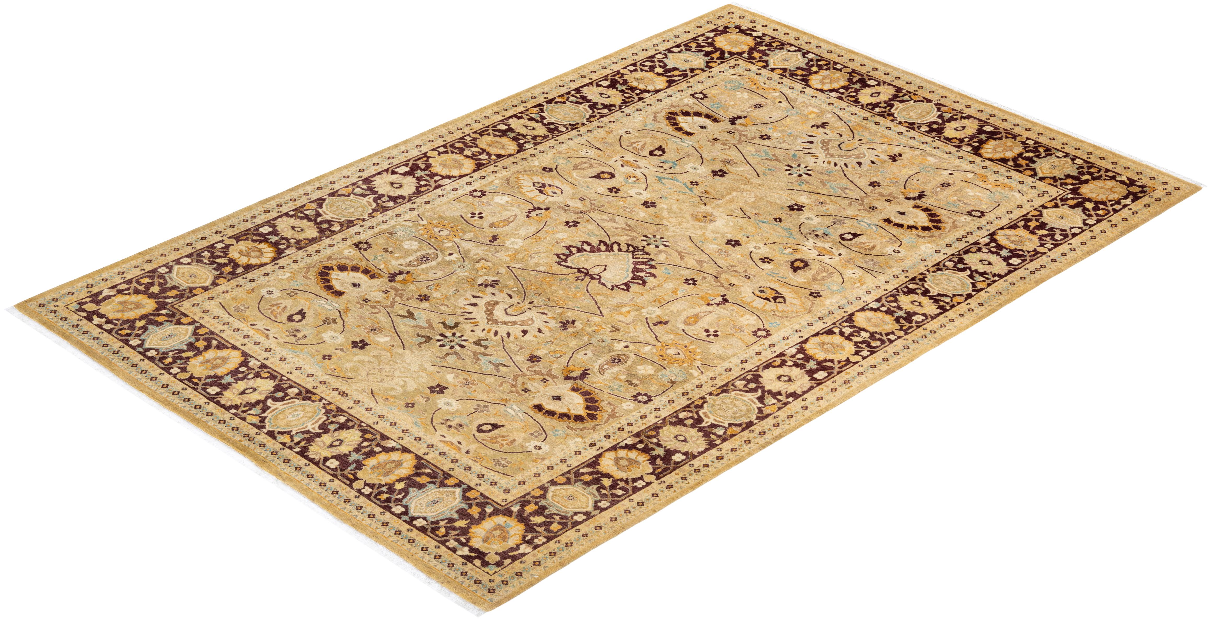 Traditional Mogul Hand Knotted Wool Ivory Area Rug For Sale 3