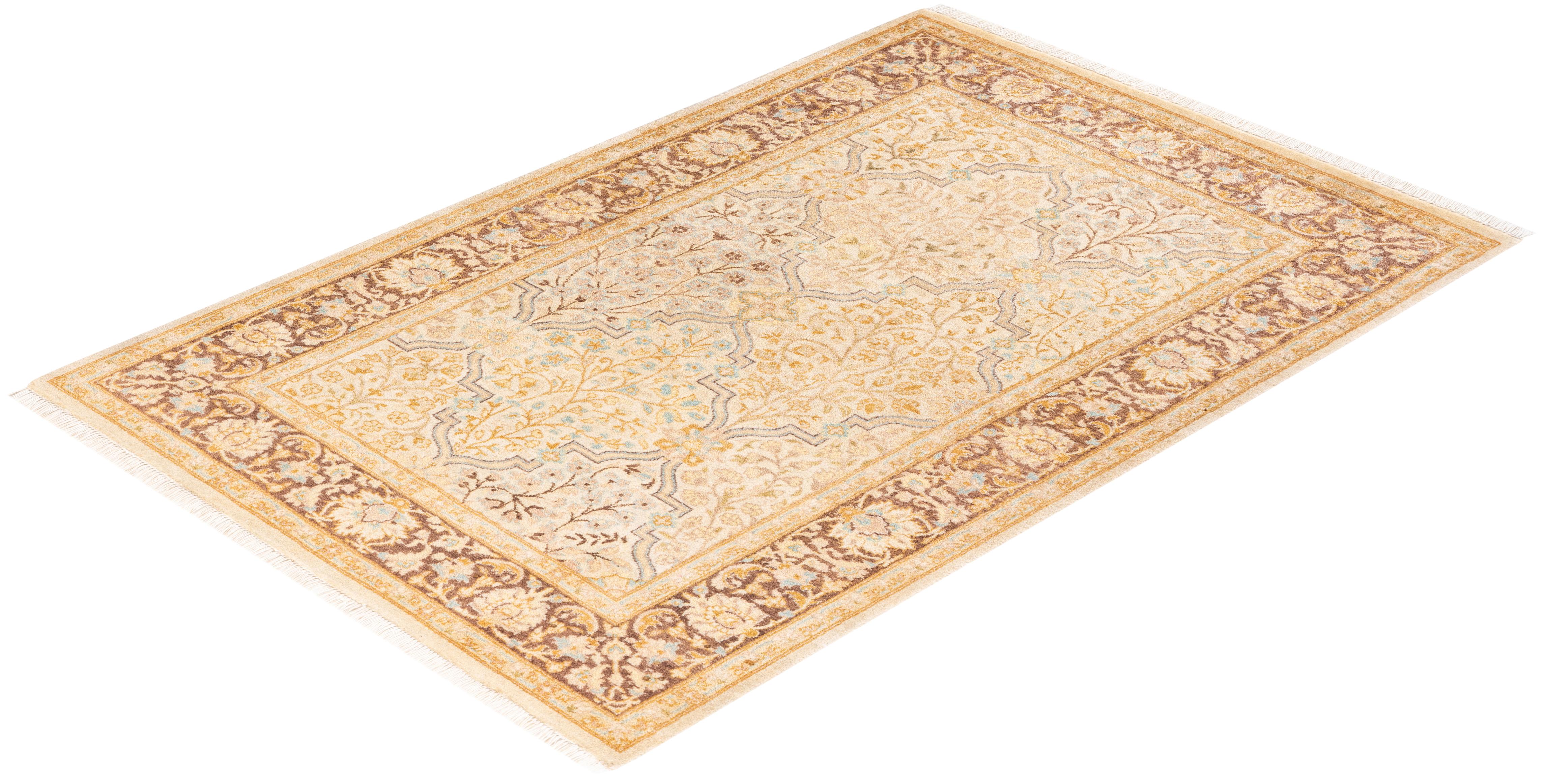 Traditional Mogul Hand Knotted Wool Ivory Area Rug For Sale 3