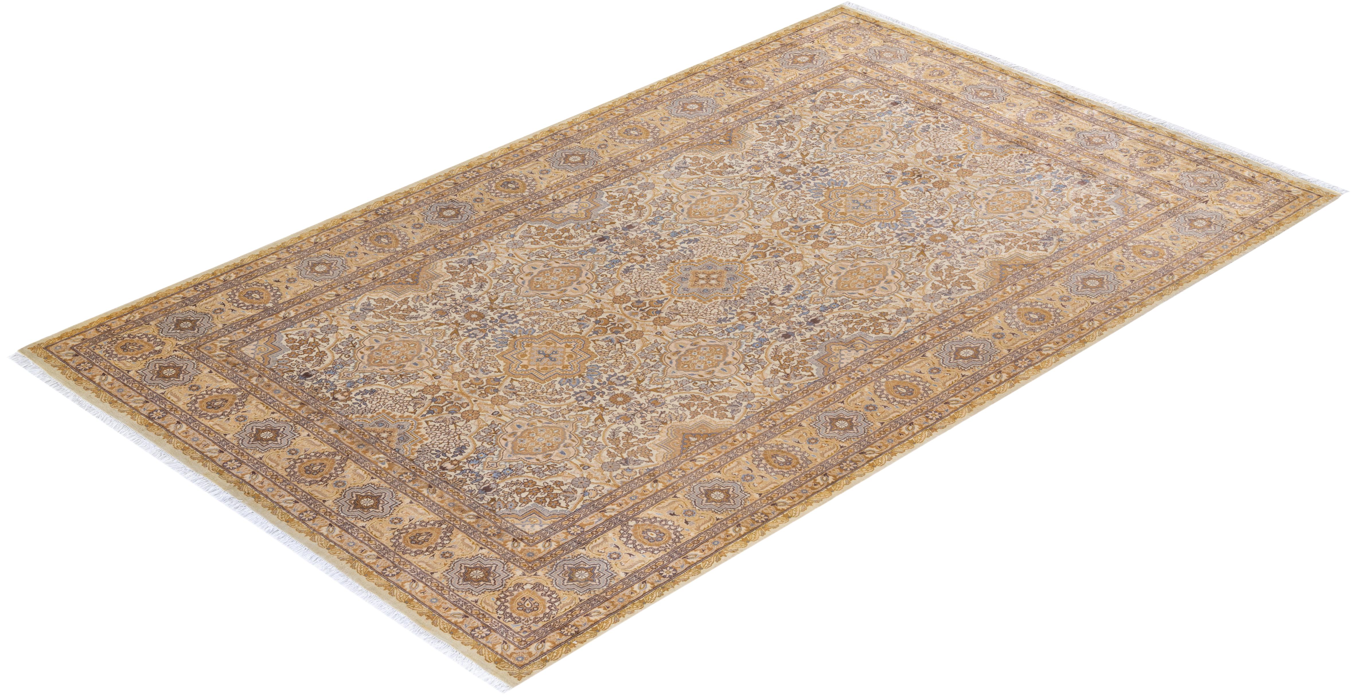 Traditional Mogul Hand Knotted Wool Ivory Area Rug For Sale 3