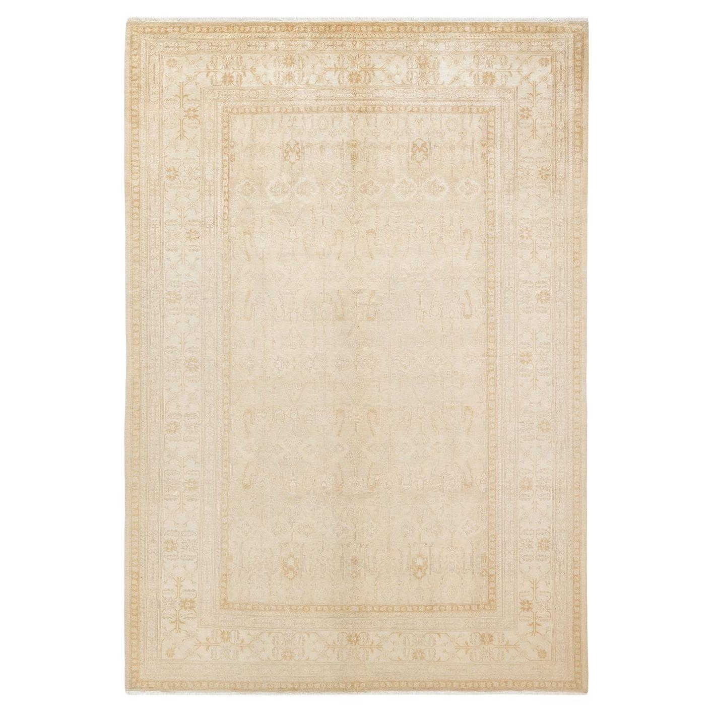 Traditional Mogul Hand Knotted Wool Ivory Area Rug For Sale