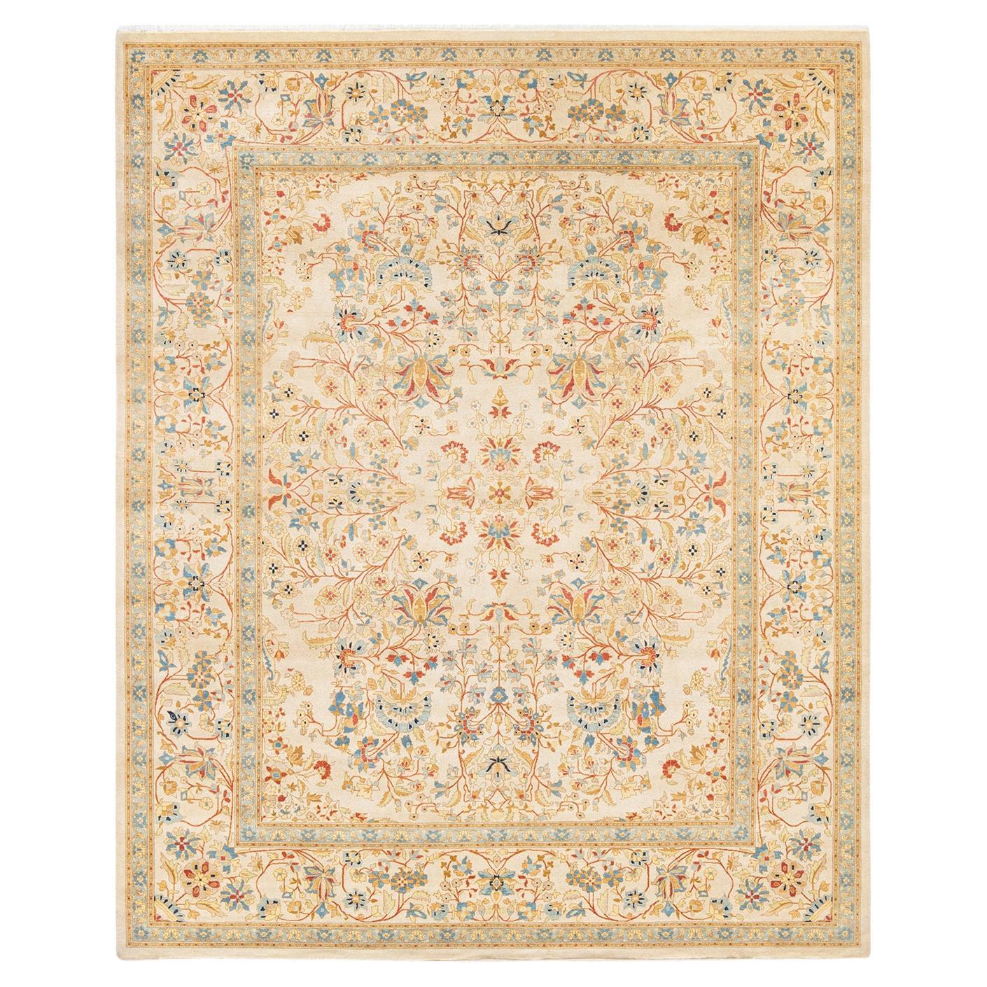 Traditional Mogul Hand Knotted Wool Ivory Area Rug For Sale