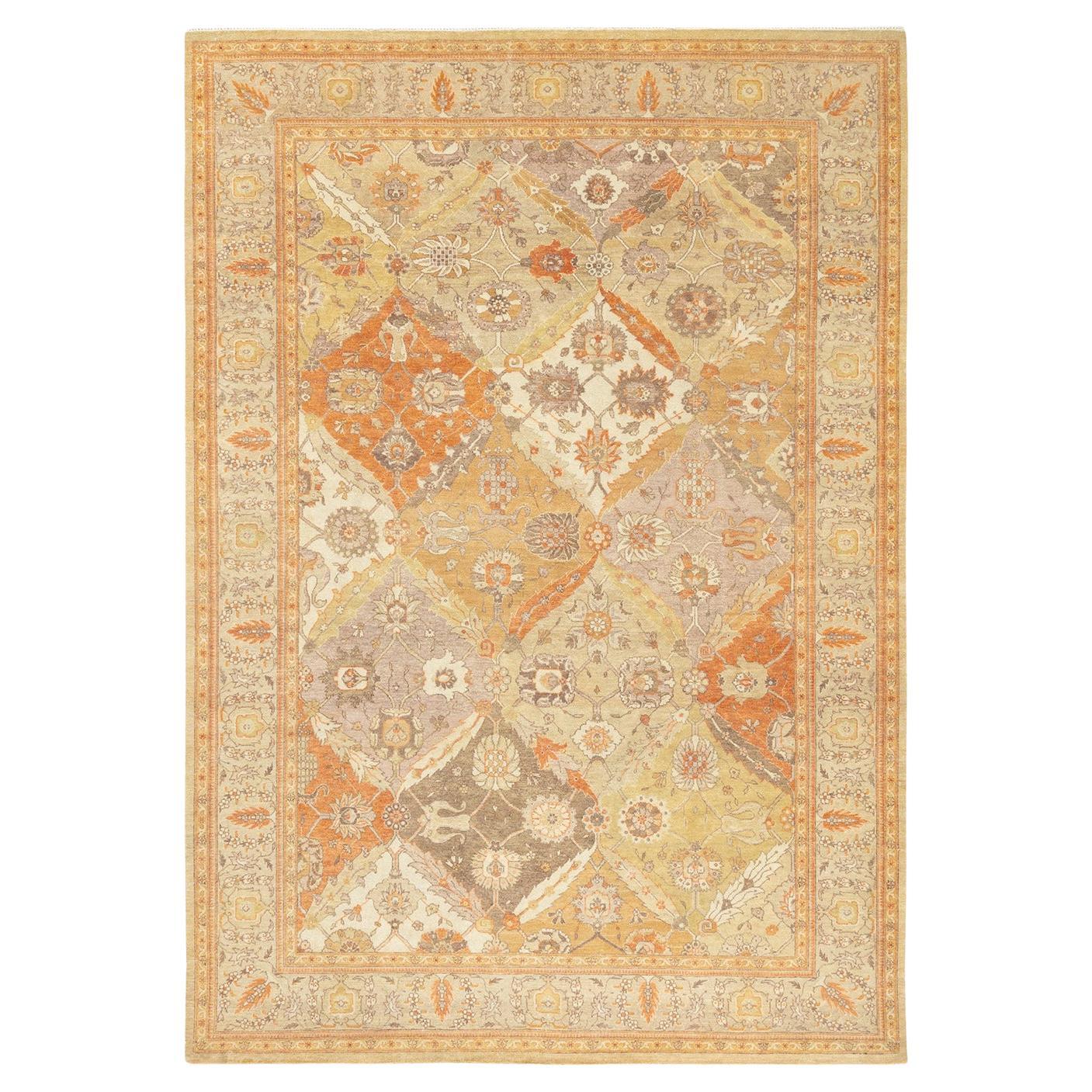 Traditional Mogul Hand Knotted Wool Ivory Area Rug For Sale