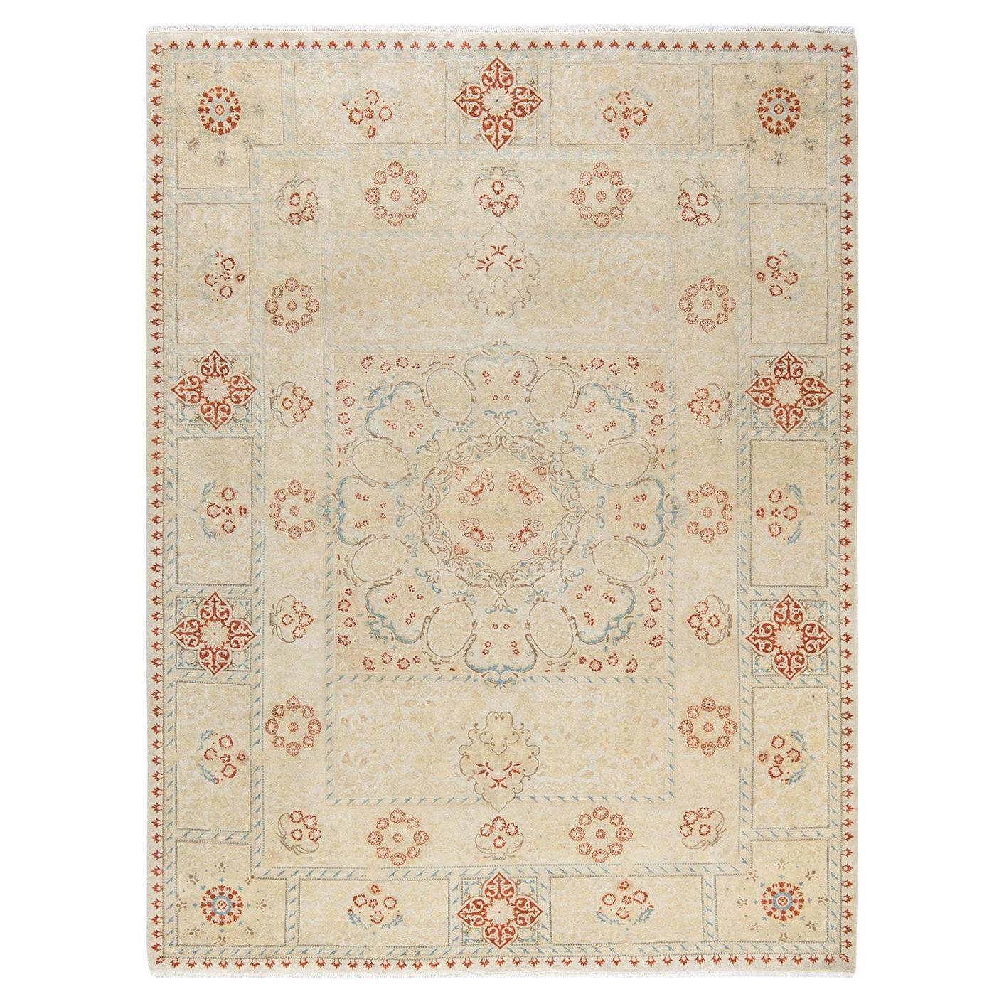 Traditional Mogul Hand Knotted Wool Ivory Area Rug For Sale