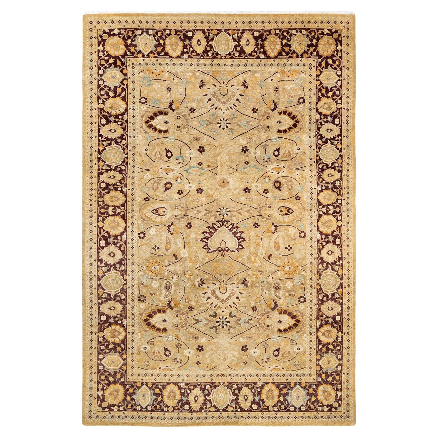 Traditional Mogul Hand Knotted Wool Ivory Area Rug For Sale