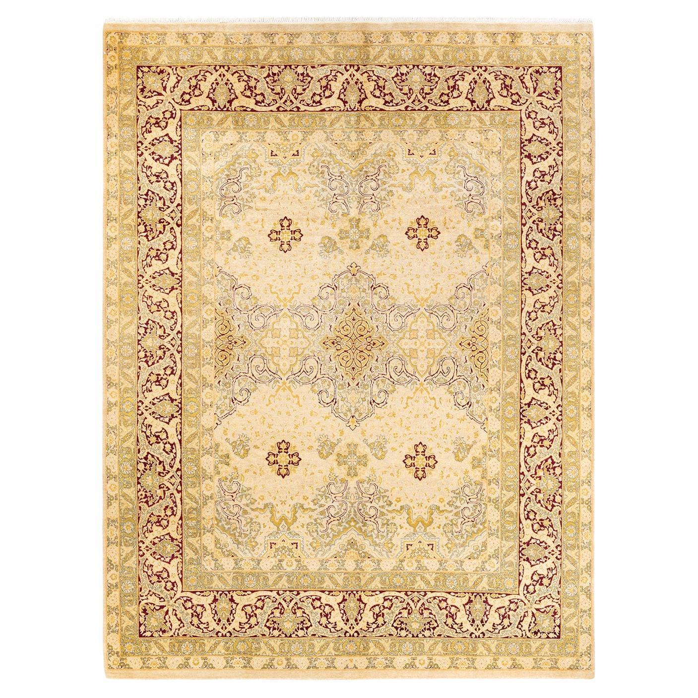 Traditional Mogul Hand Knotted Wool Ivory Area Rug For Sale