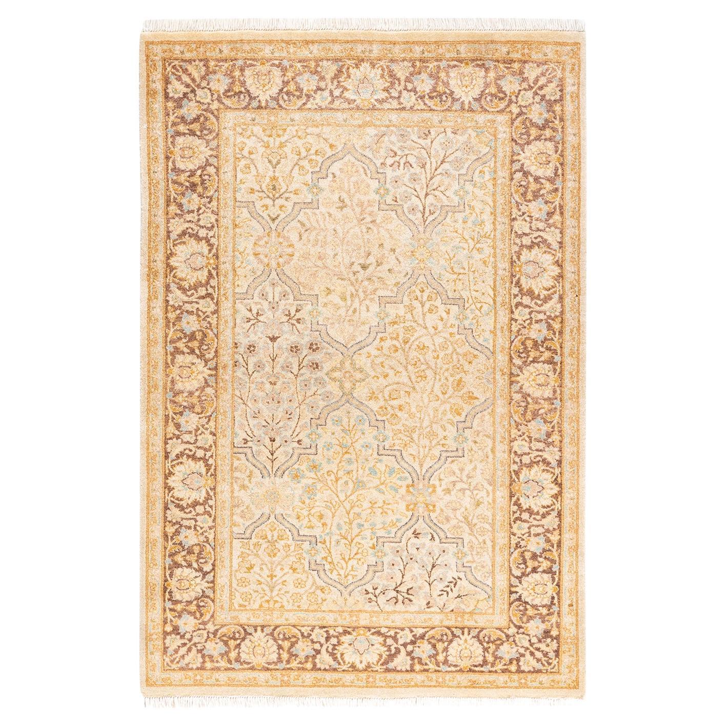 Traditional Mogul Hand Knotted Wool Ivory Area Rug For Sale