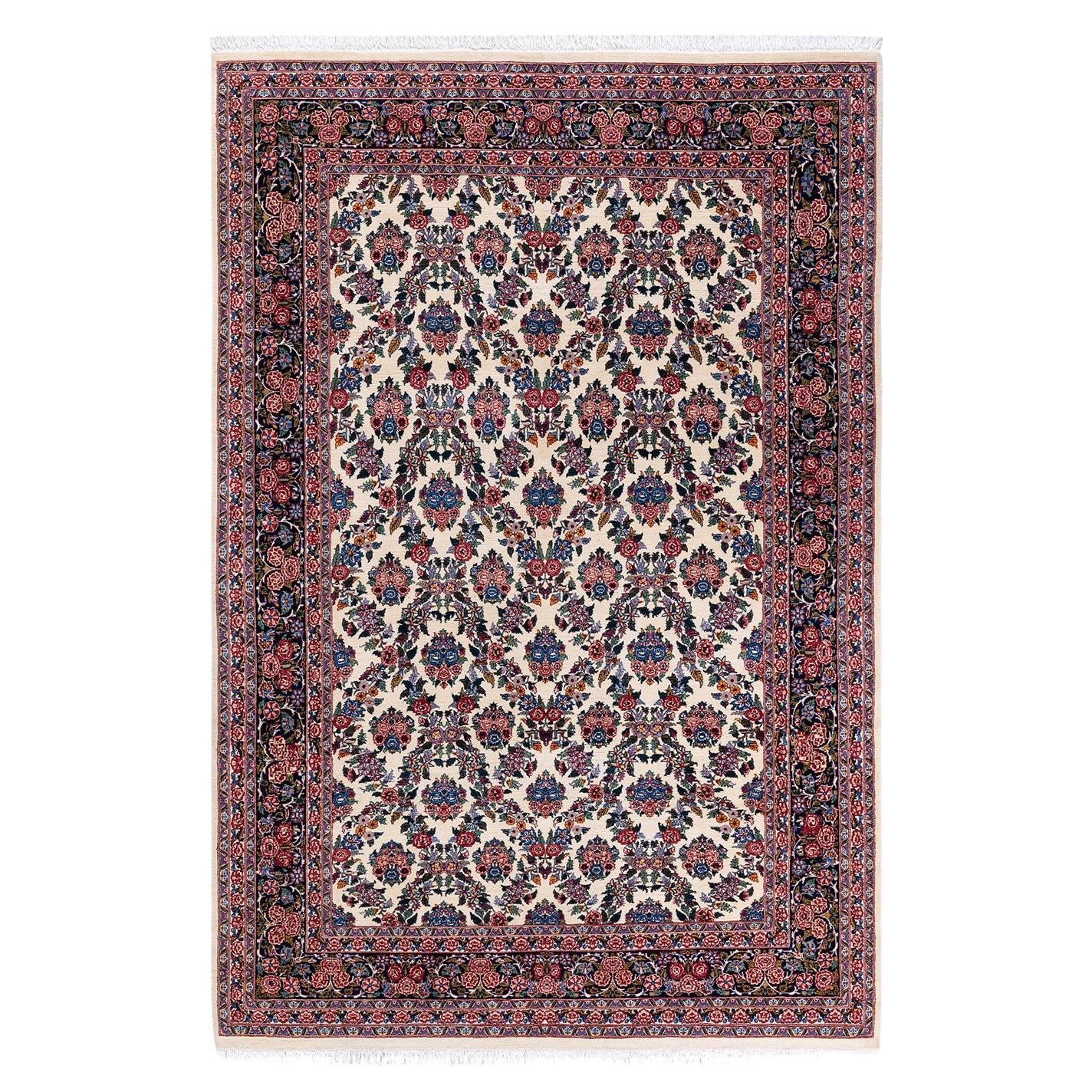 Traditional Mogul Hand Knotted Wool Ivory Area Rug