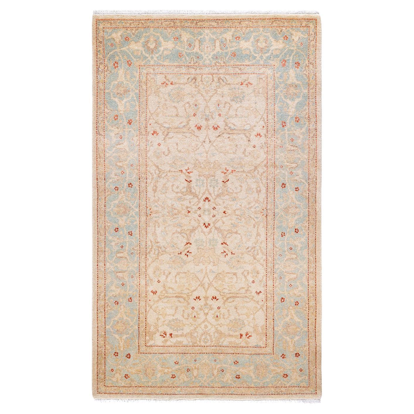 Traditional Mogul Hand Knotted Wool Ivory Area Rug