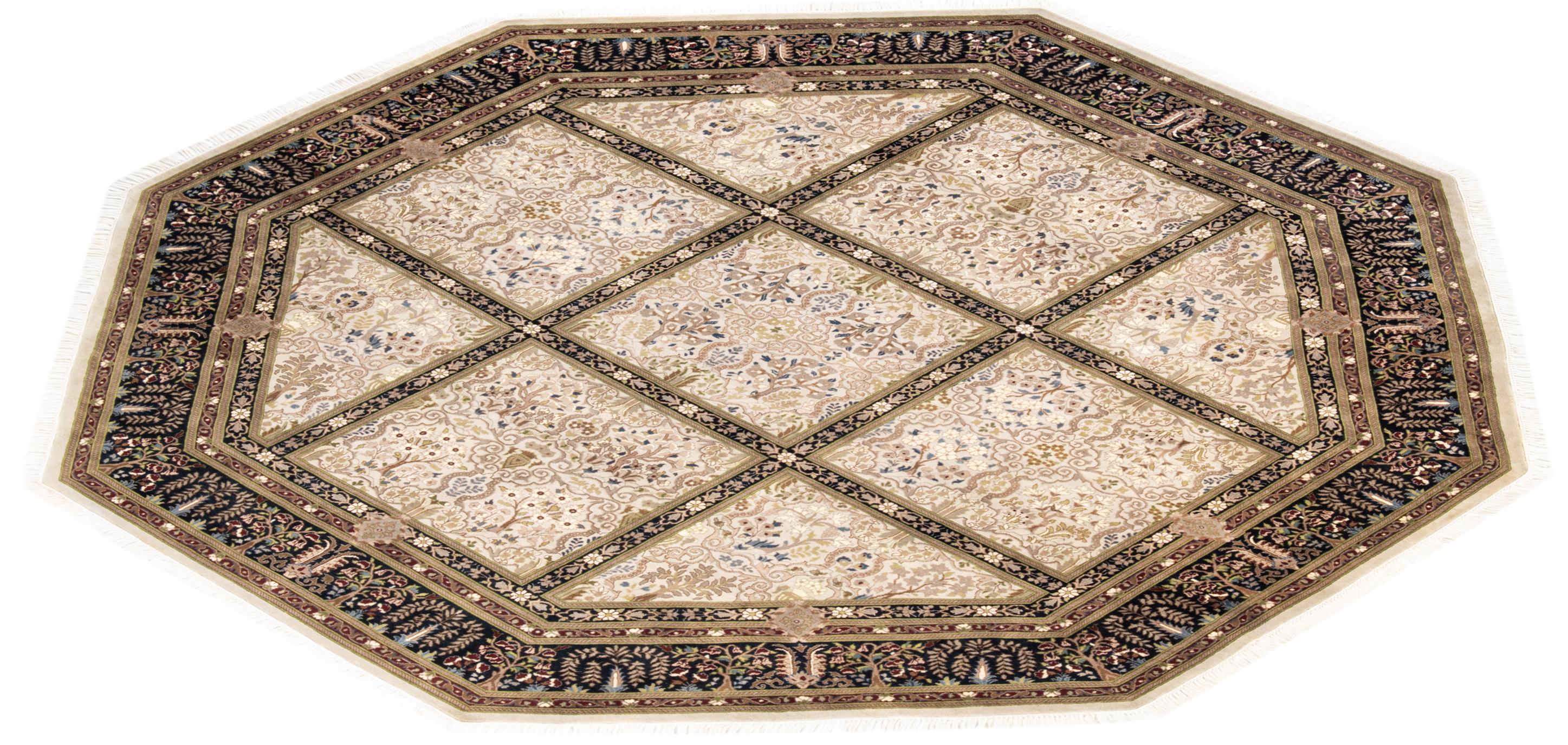 Traditional Mogul Hand Knotted Wool Ivory Octagon Area Rug For Sale 3