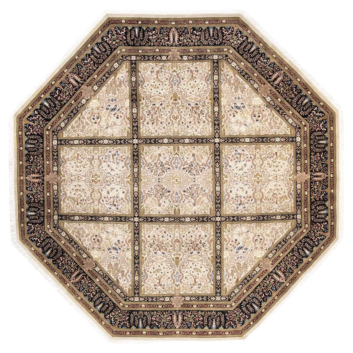 Traditional Mogul Hand Knotted Wool Ivory Octagon Area Rug