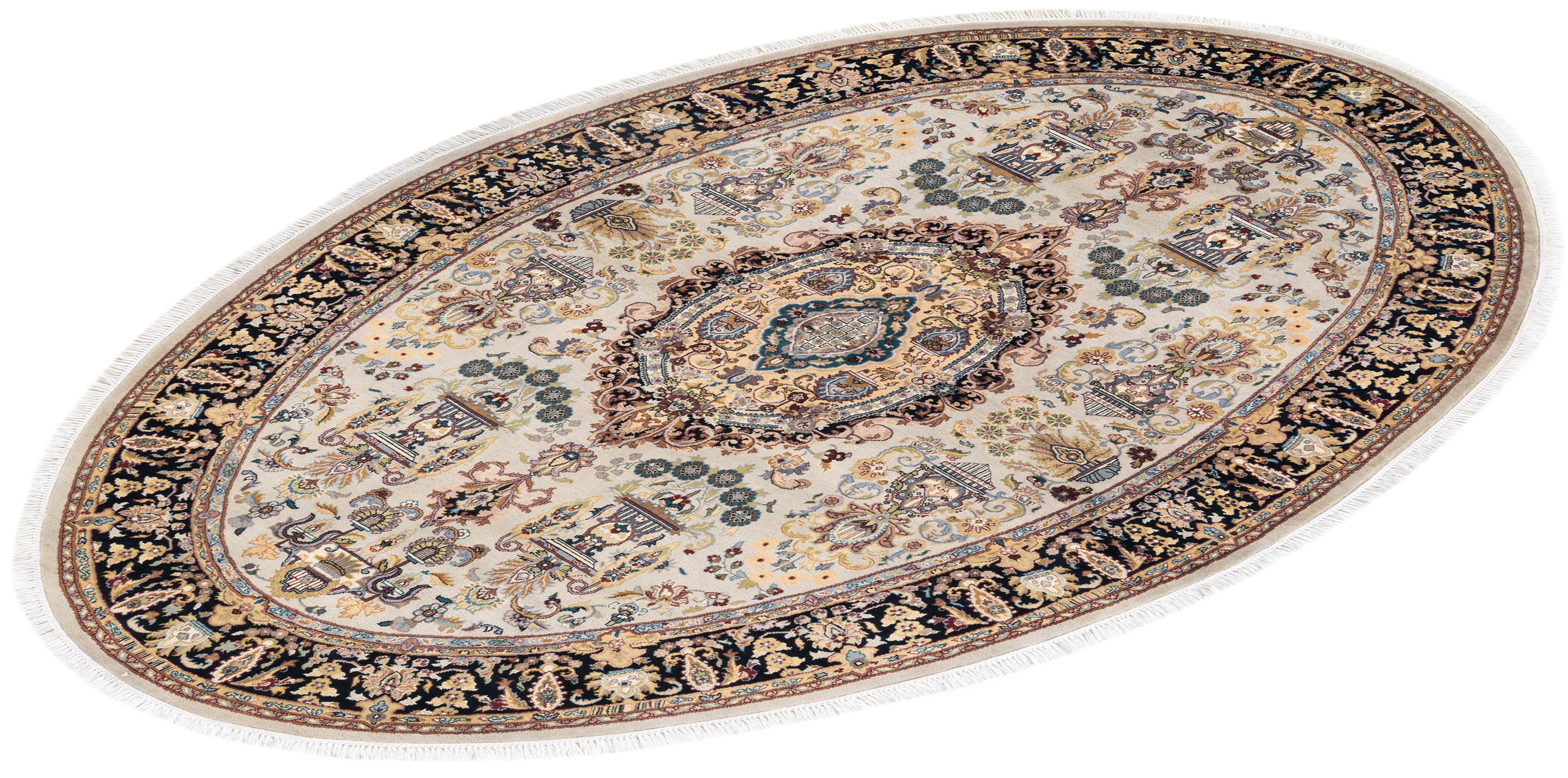 Traditional Mogul Hand Knotted Wool Ivory Oval Area Rug For Sale 3