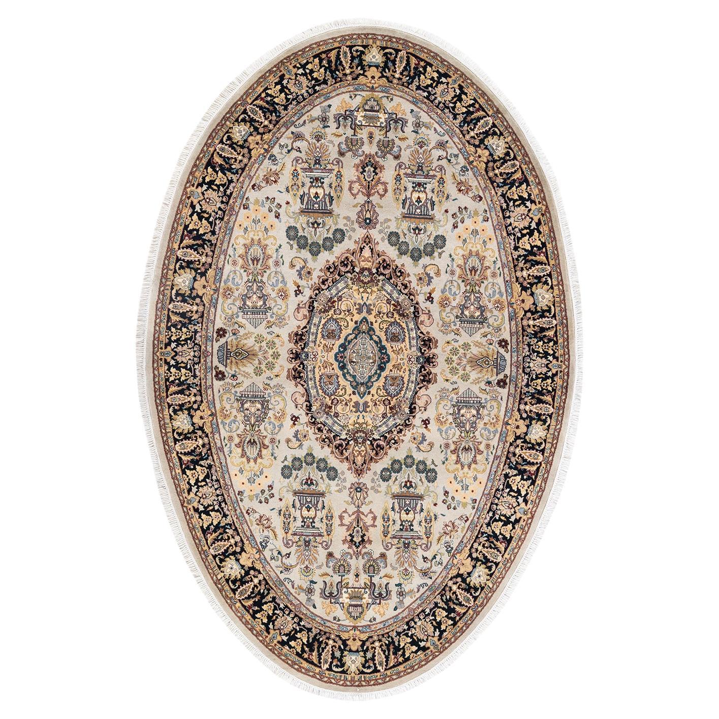 Traditional Mogul Hand Knotted Wool Ivory Oval Area Rug For Sale
