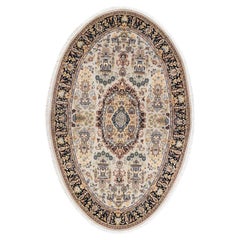 Traditional Mogul Hand Knotted Wool Ivory Oval Area Rug