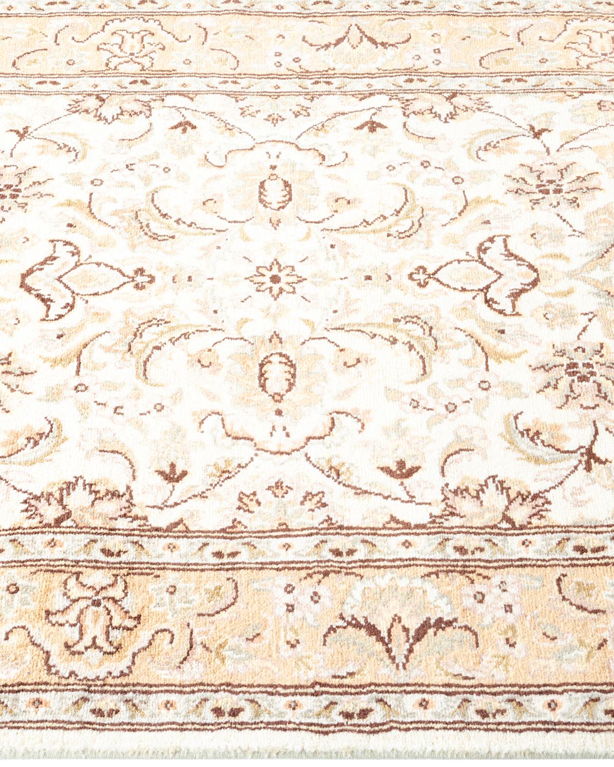 Pakistani Traditional Mogul Hand Knotted Wool Ivory Runner For Sale