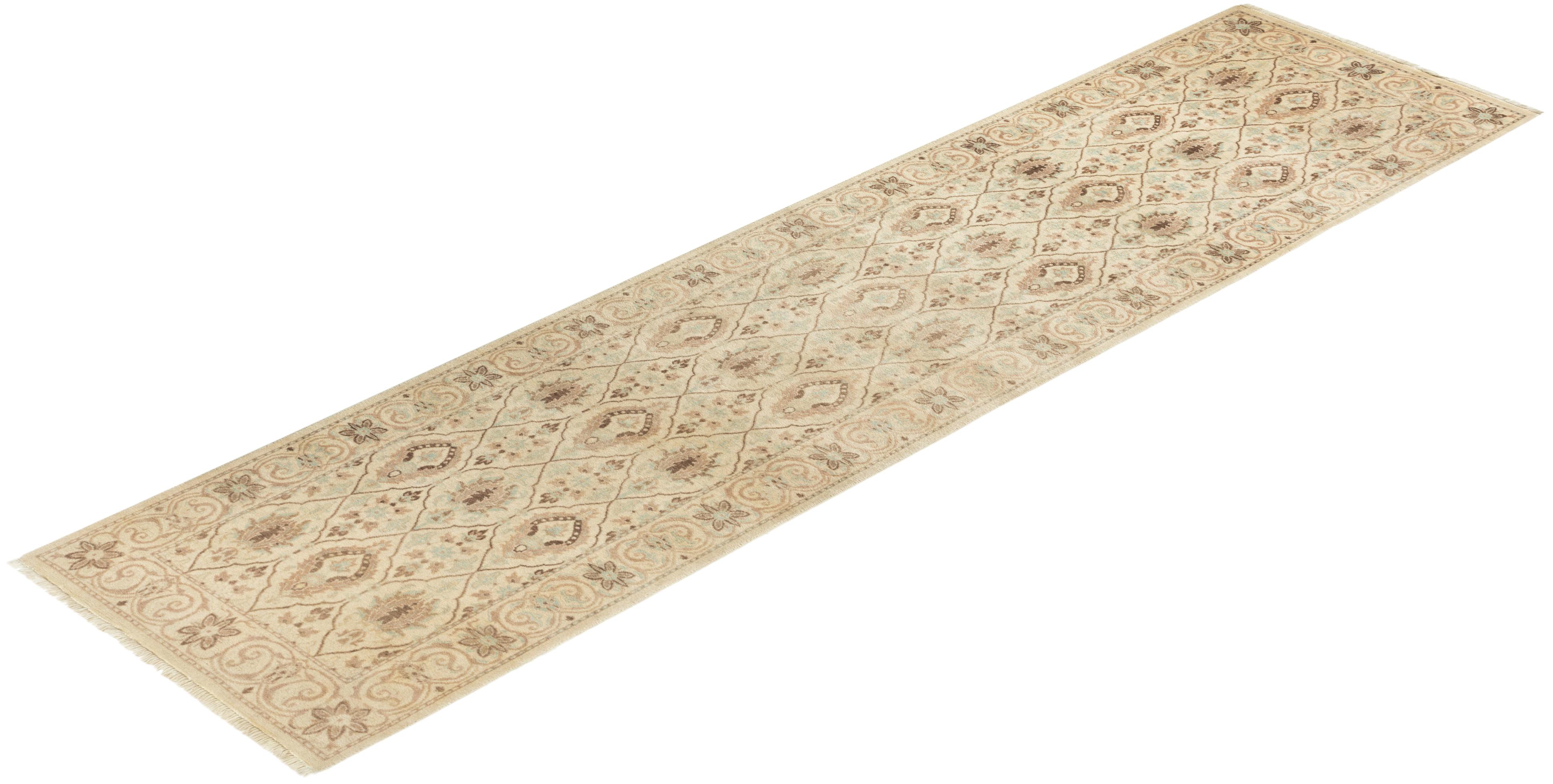 Traditional Mogul Hand Knotted Wool Ivory Runner For Sale 3