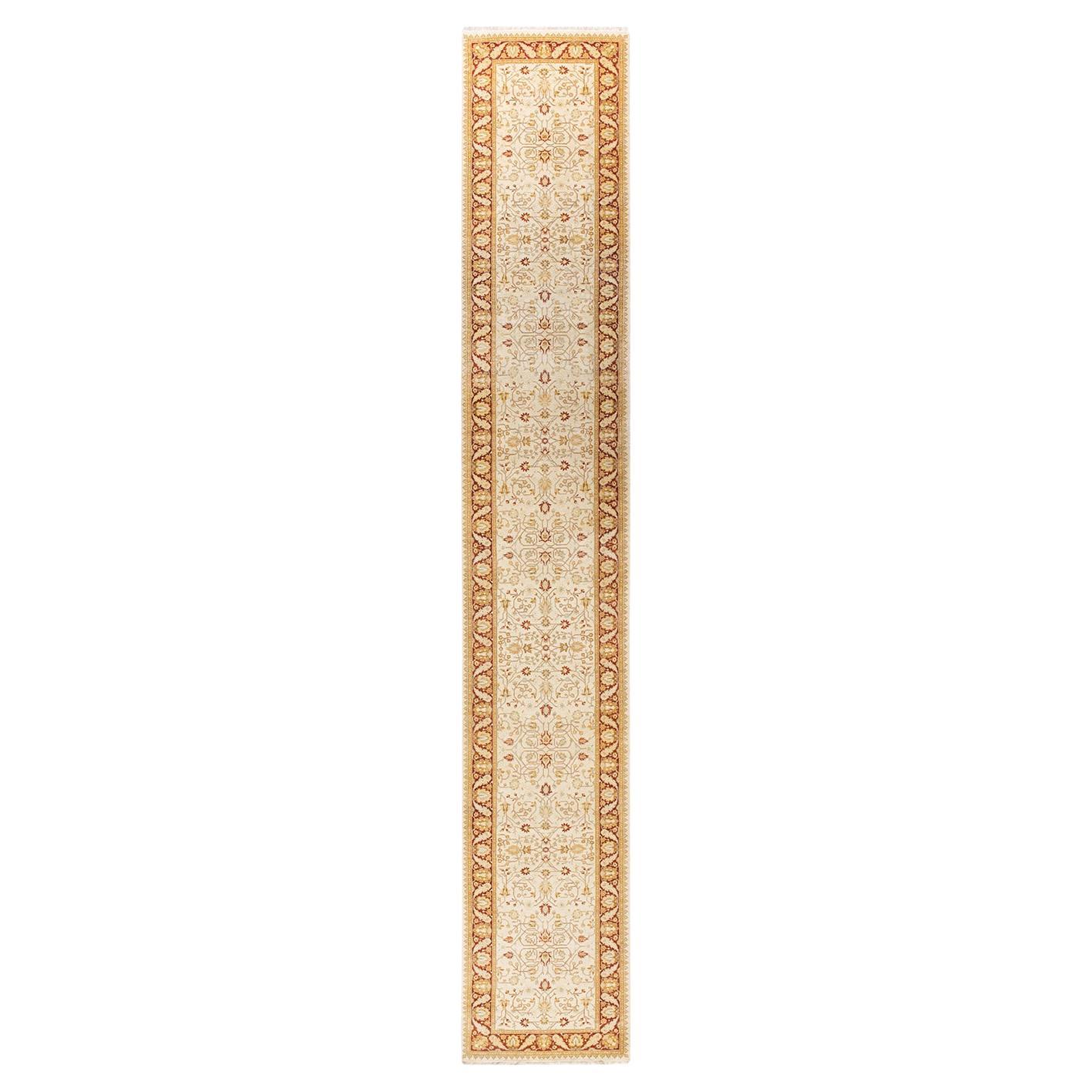 Traditional Mogul Hand Knotted Wool Ivory Runner For Sale