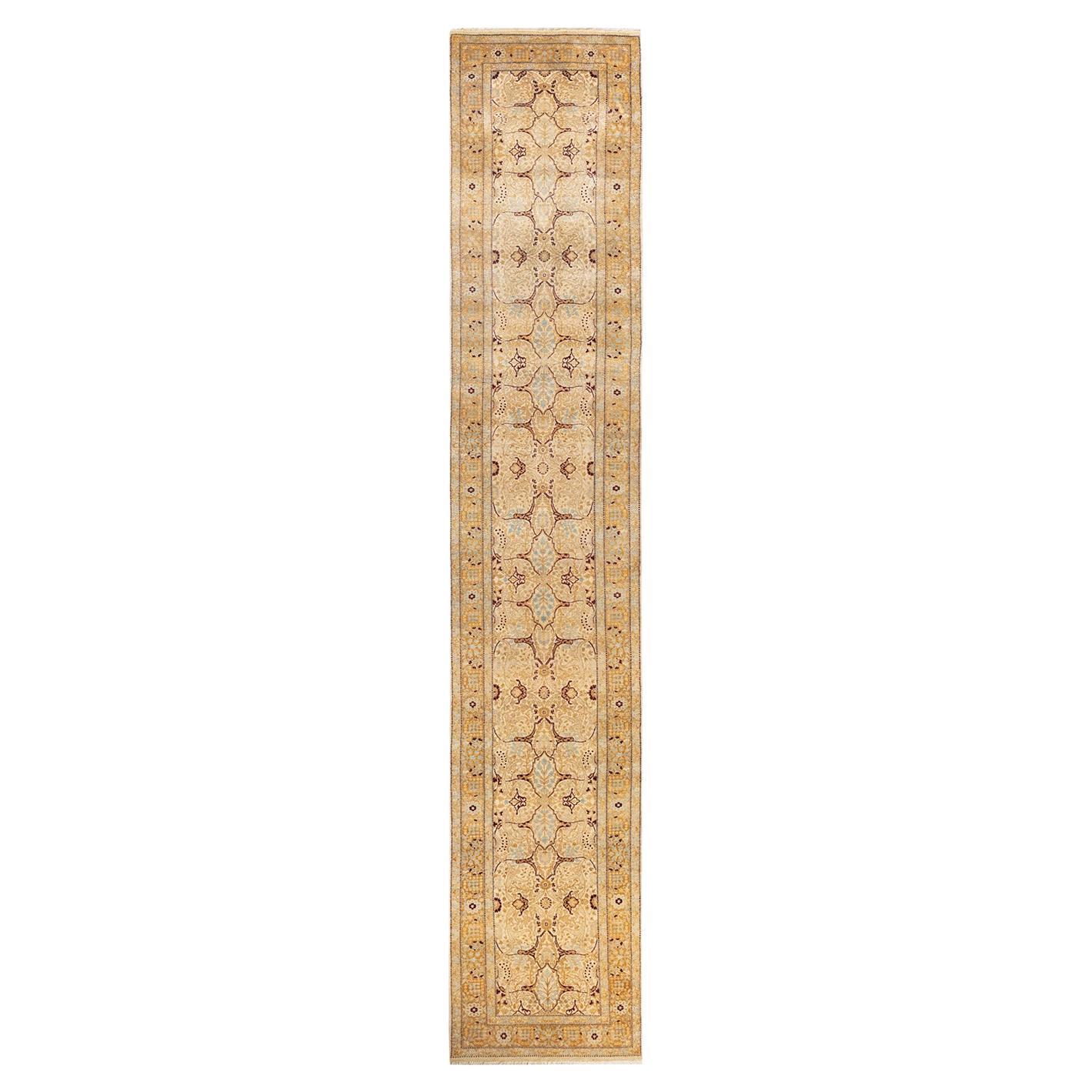 Traditional Mogul Hand Knotted Wool Ivory Runner  For Sale